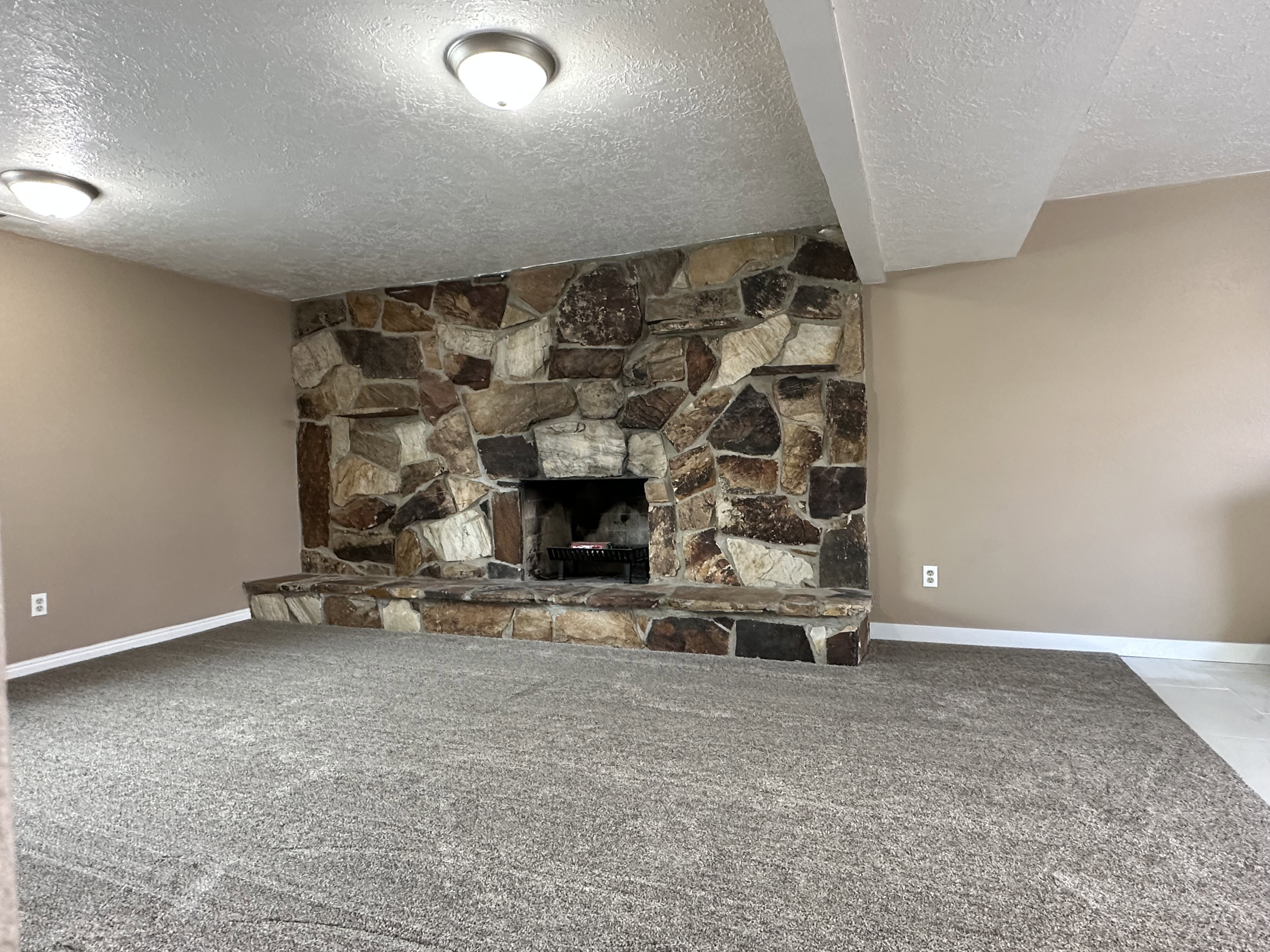 Stone-clad fireplace with hearth and a warm color palette