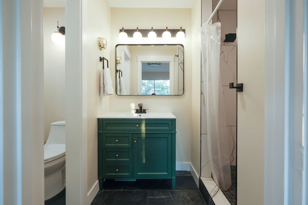Bathroom featuring a dark green vanity with brass-finish hardware, a rectangular mirror, and a five-light vanity fixture