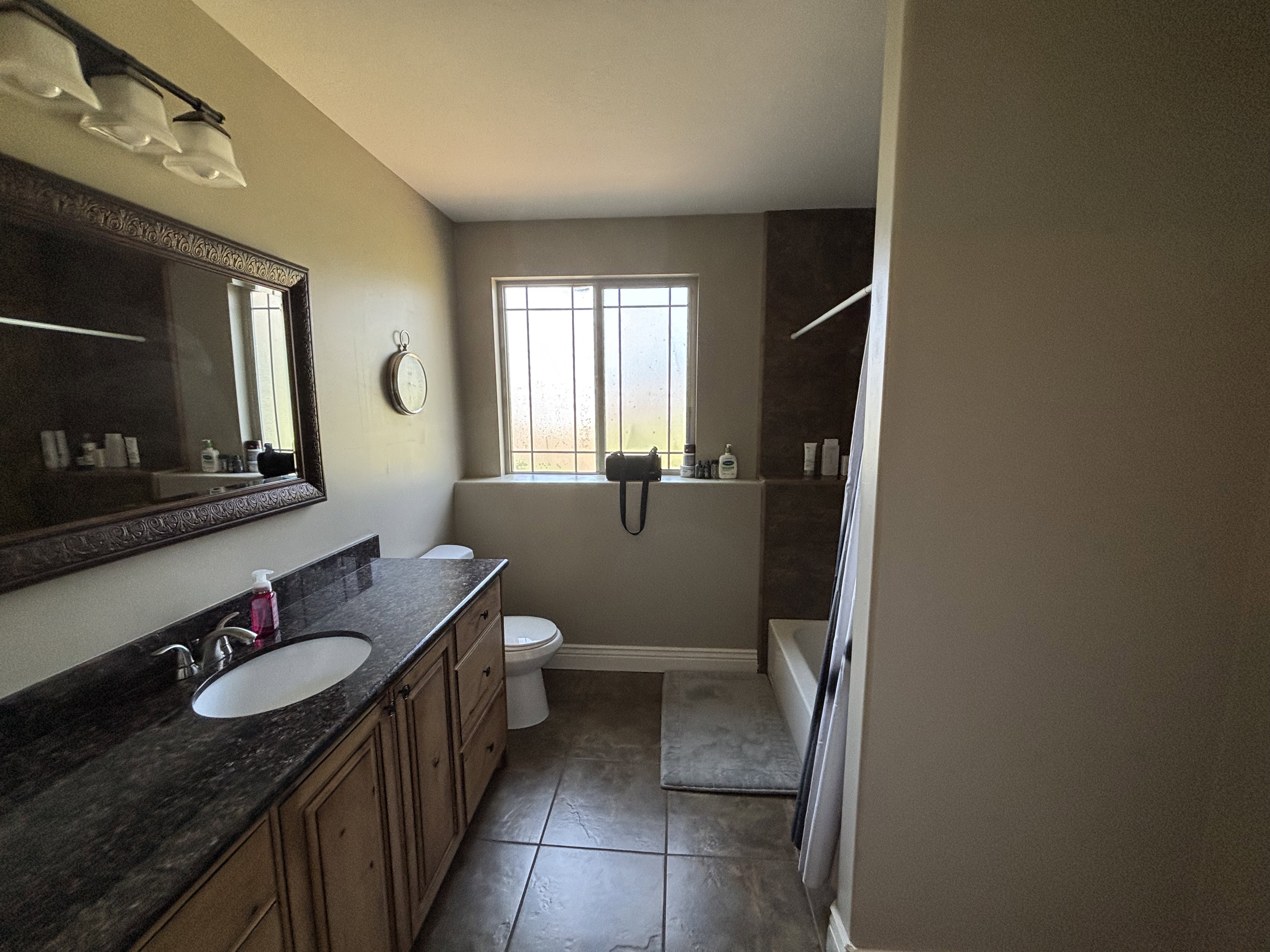 Bathroom featuring an elongated vanity with a dark stone countertop, integrated sink, and wood cabinetry