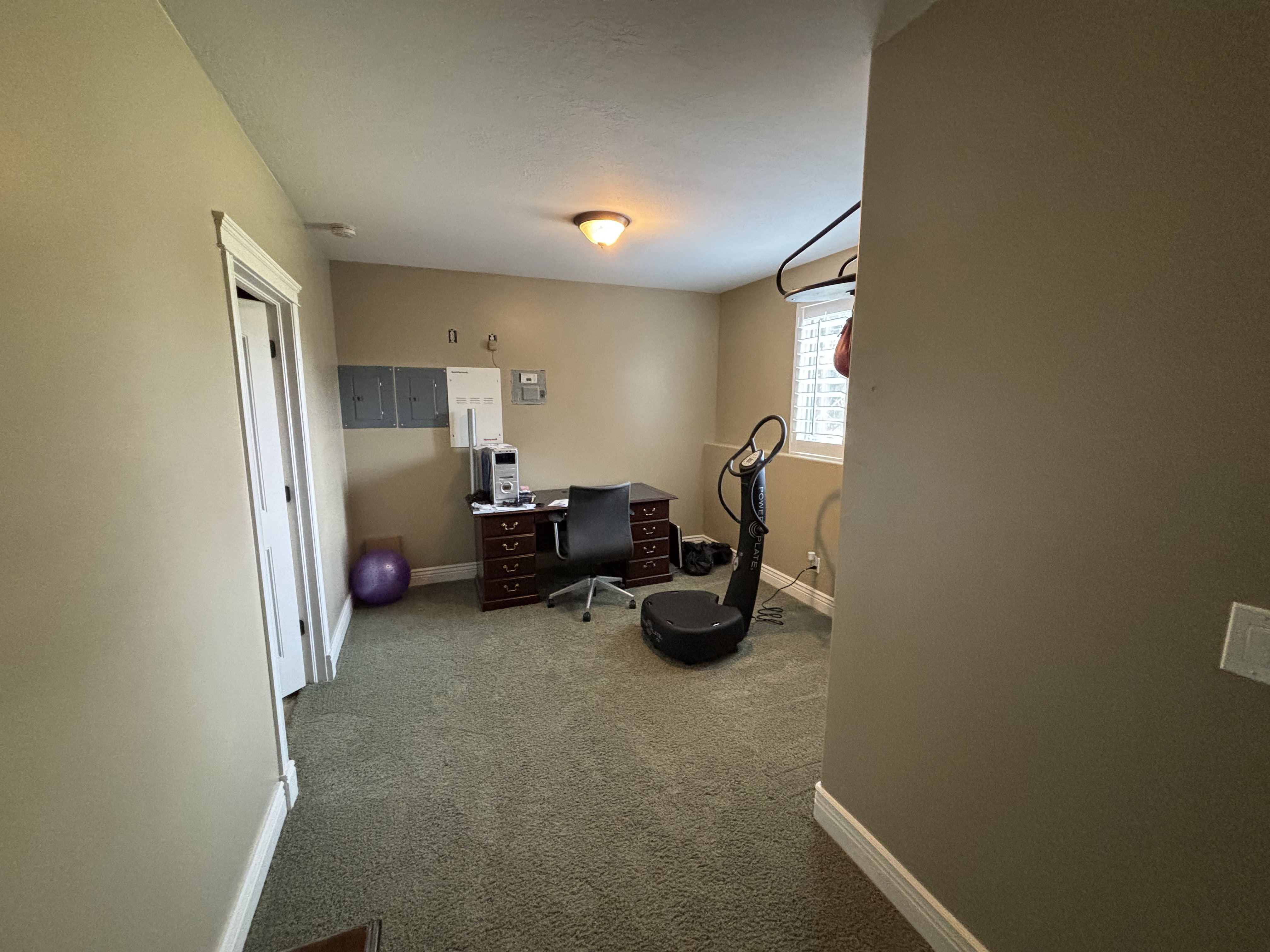 Carpeted room featuring a white interior door with trim, a small window with horizontal blinds, and a ceiling-mounted light fixture
