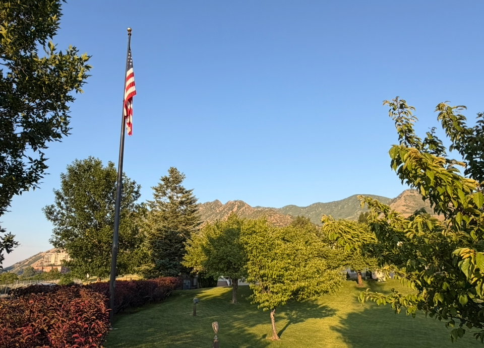 Expansive landscaped yard featuring a flagpole, mature trees, manicured lawn, and distant mountains
