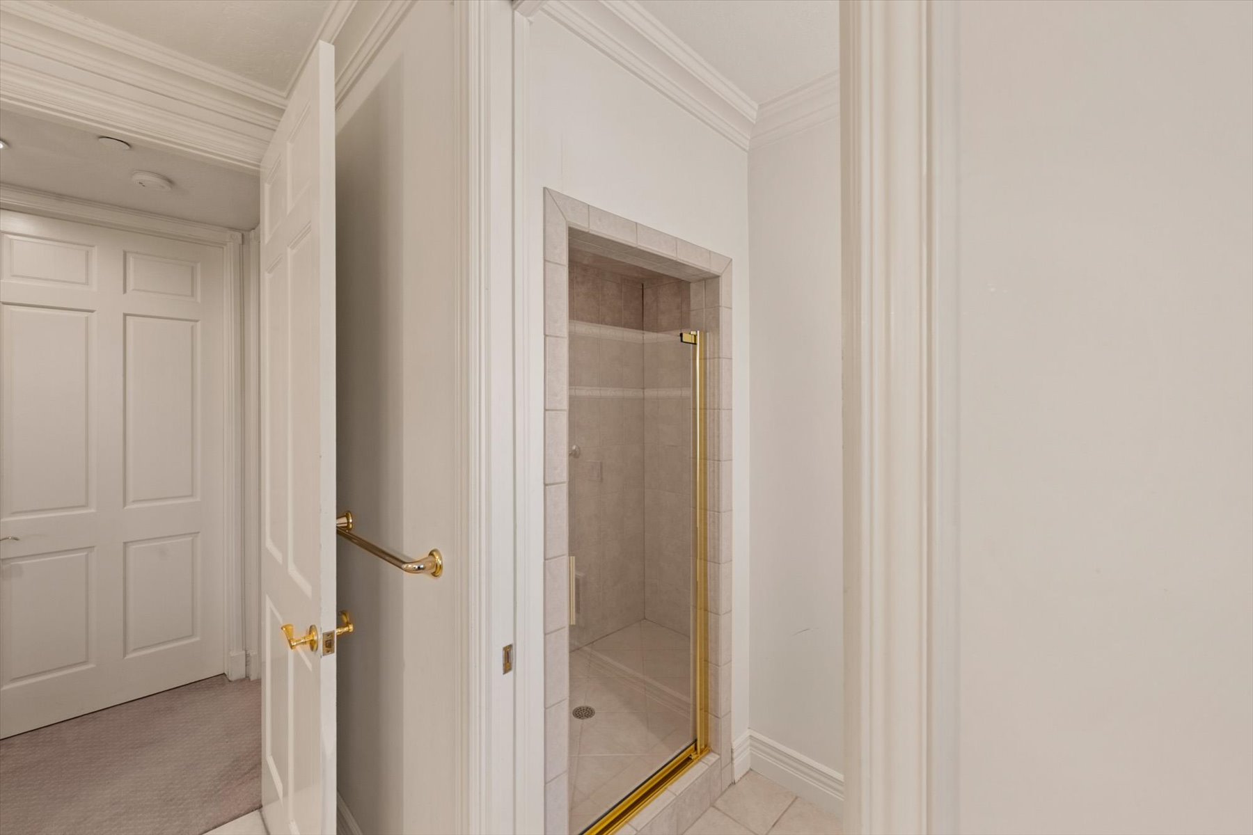 Tiled shower enclosure featuring a glass door with brass-finish hardware