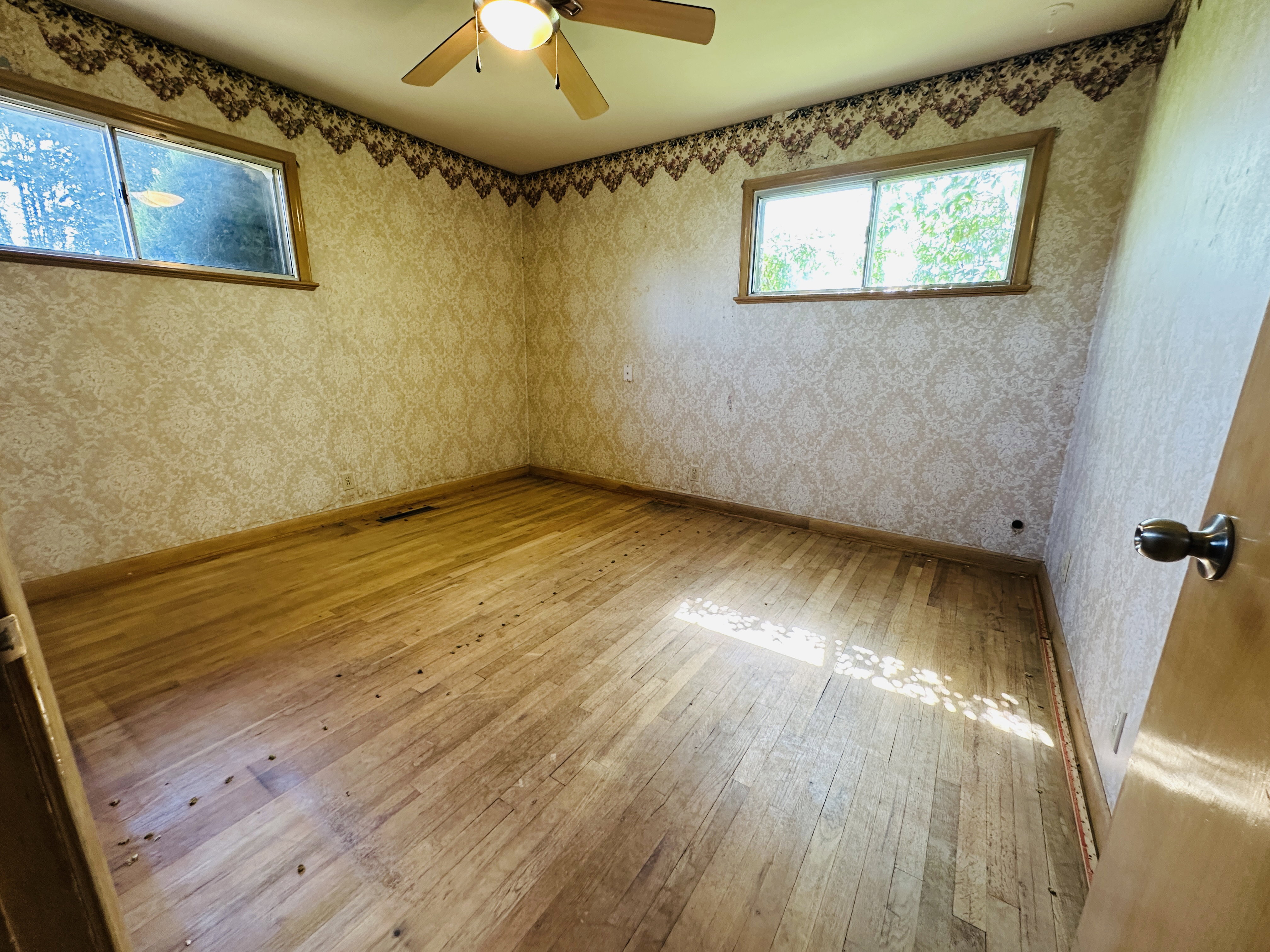 Hardwood flooring throughout, complemented by two windows, a ceiling fan, and patterned wallpaper