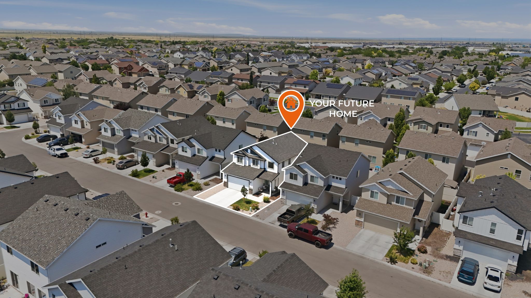 Aerial perspective showcasing a residential streetscape with numerous properties