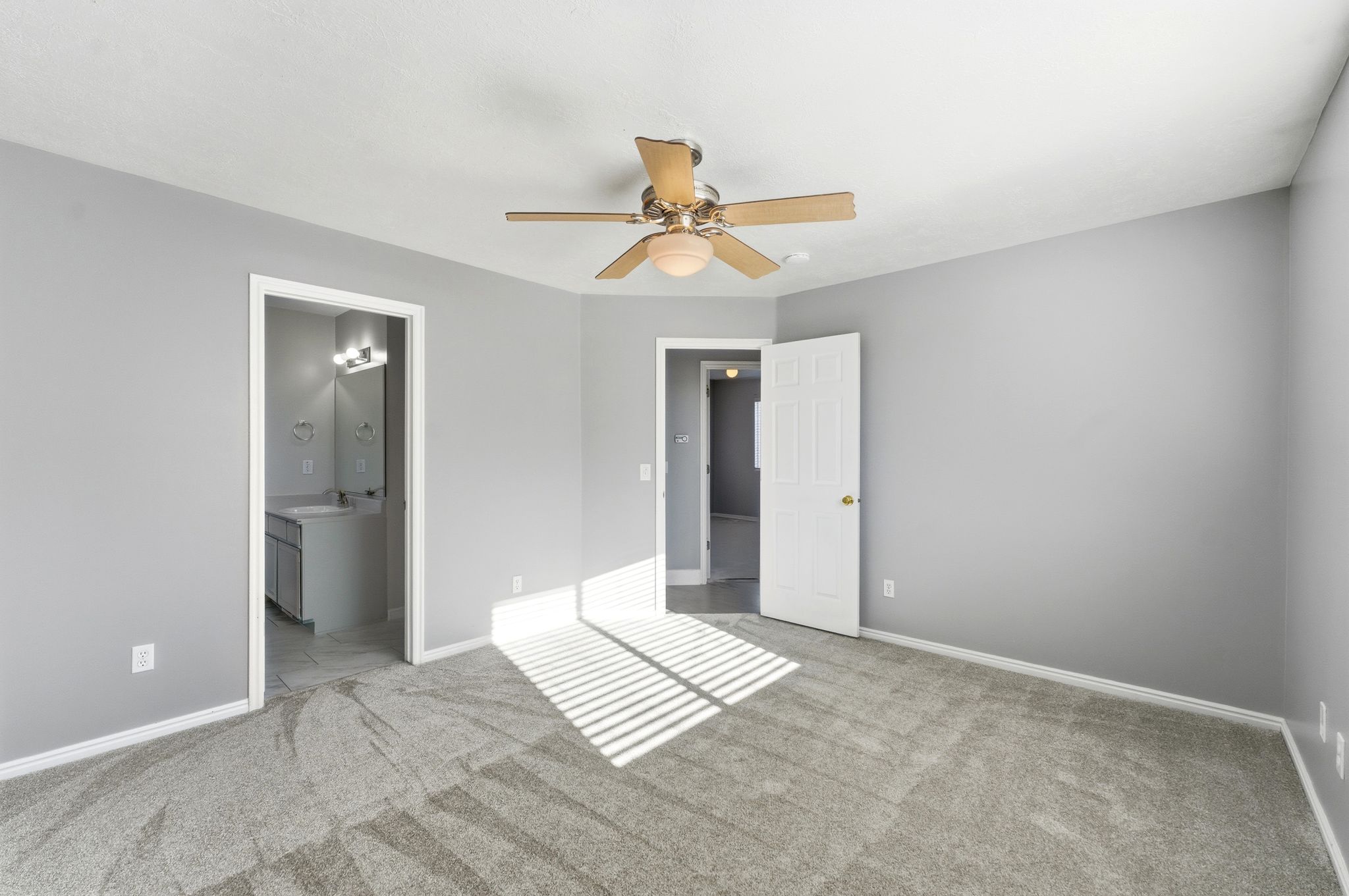 Carpeted room with a ceiling fan, light gray walls, and white trim