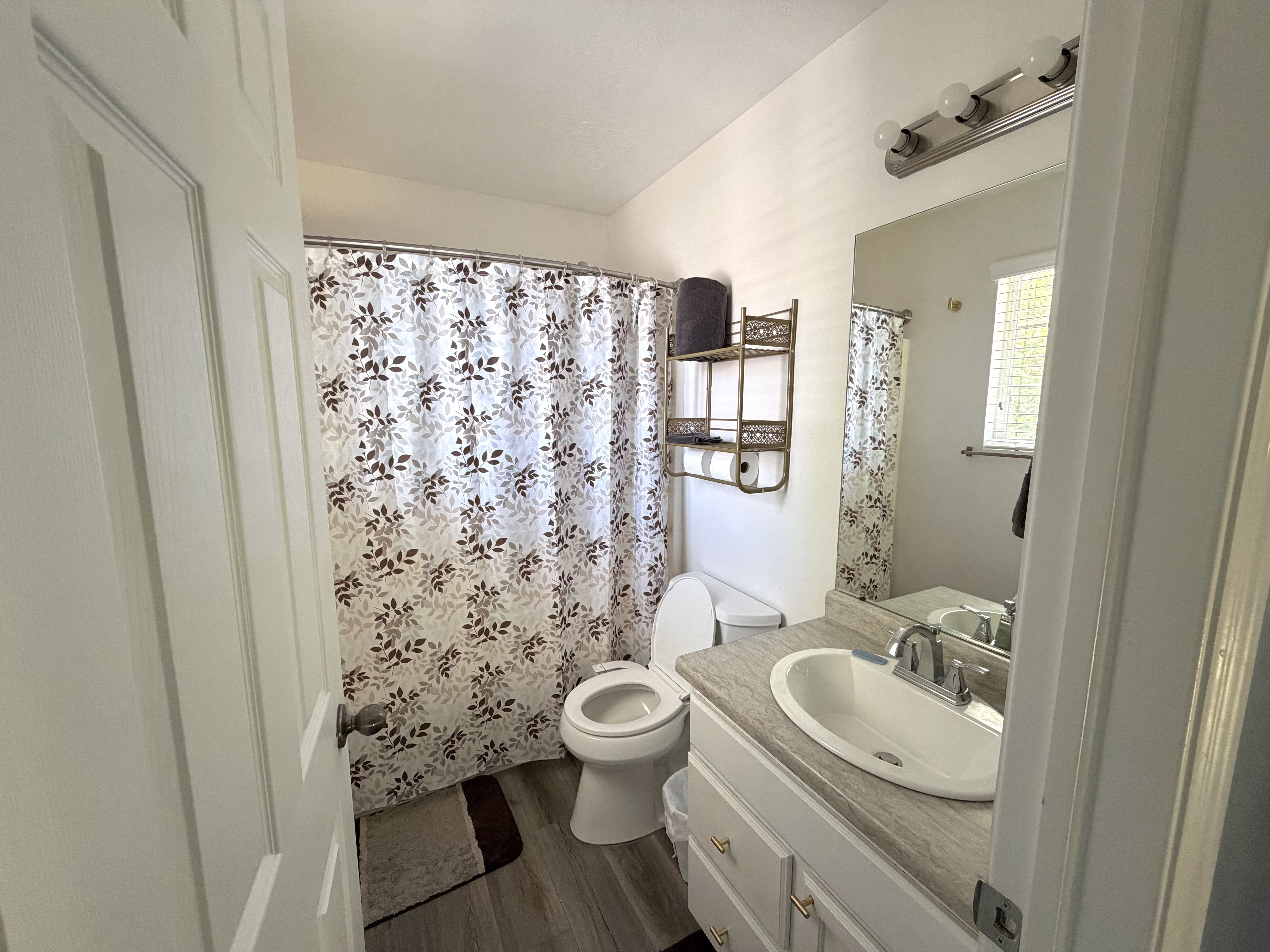 Bathroom featuring wood-finish flooring, a white vanity with an integrated sink, a large mirror, and a wall-mounted light fixture
