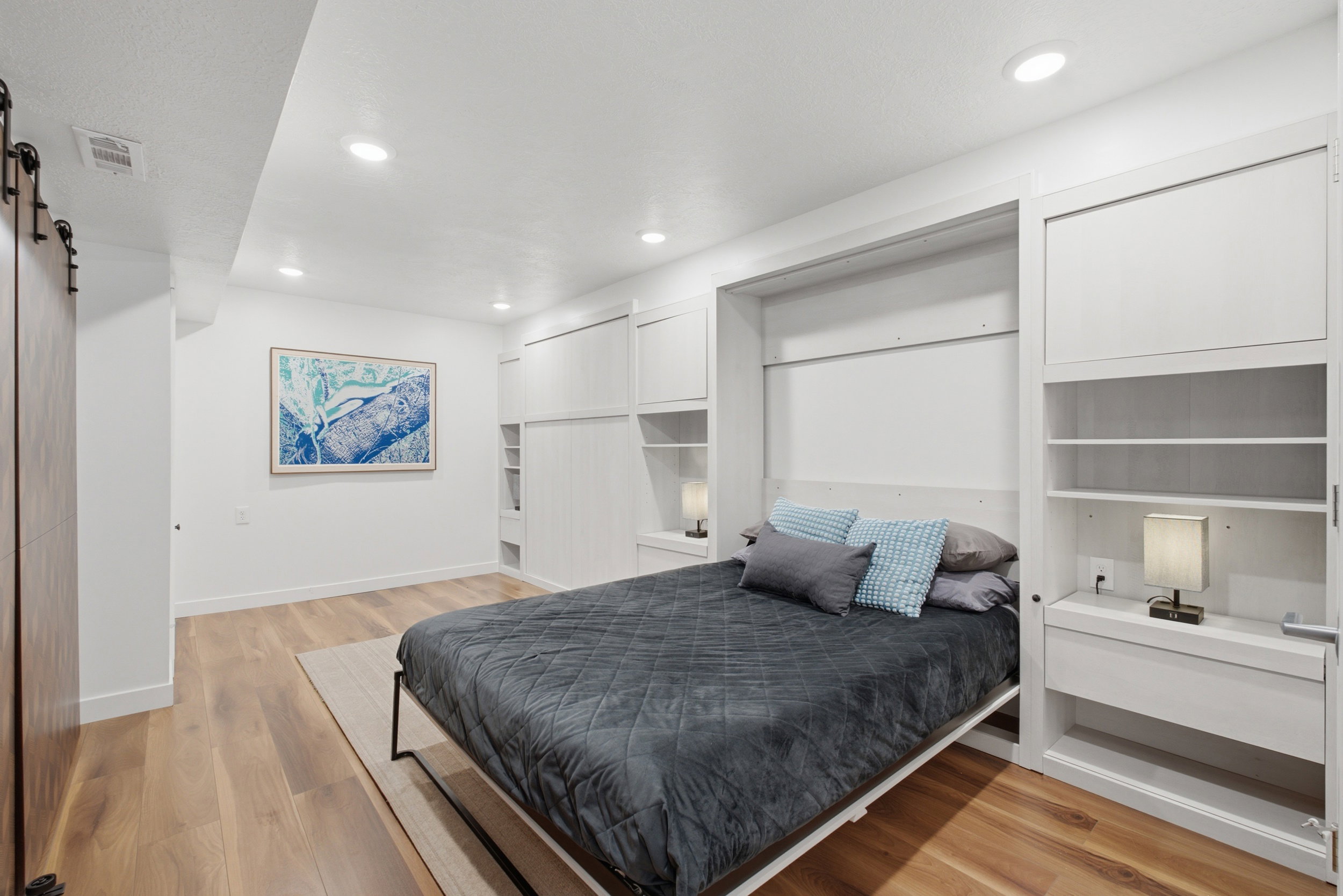 Bedroom featuring a built-in Murphy bed system with integrated shelving and cabinetry