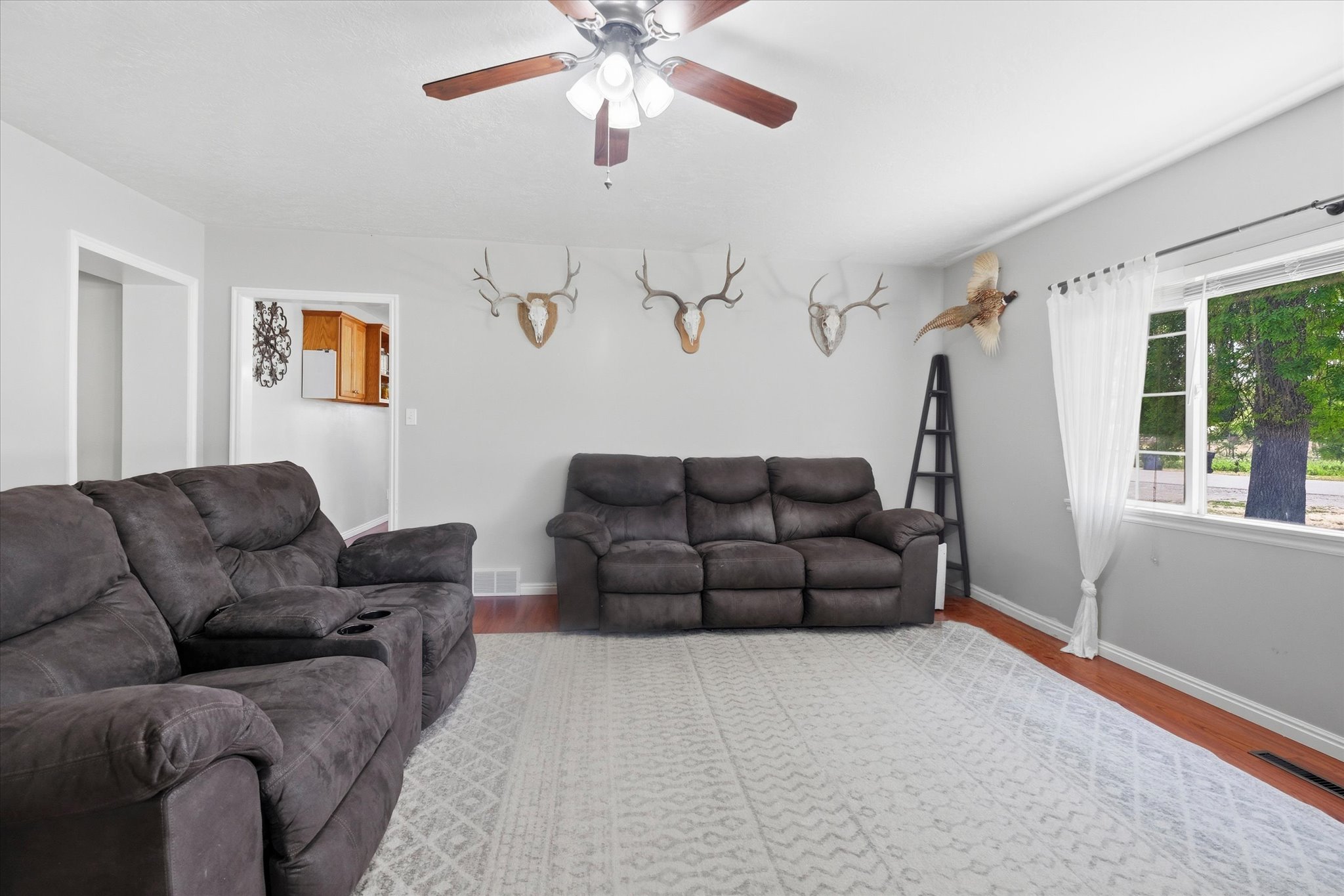 Living area with wood-finish flooring, light grey walls, and a ceiling fan