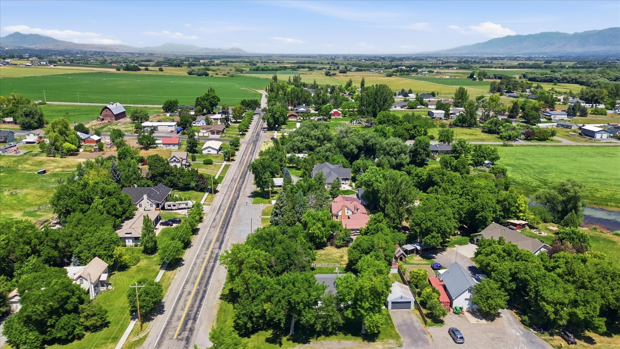 Aerial perspective showcasing a residential area with varied home styles, mature trees, and agricultural fields