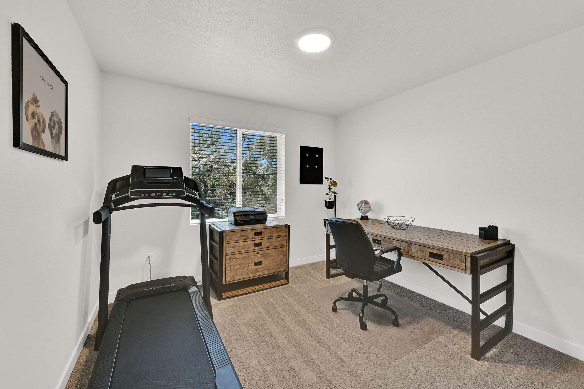 Bright interior room featuring a window with blinds, carpet flooring, and a recessed ceiling light