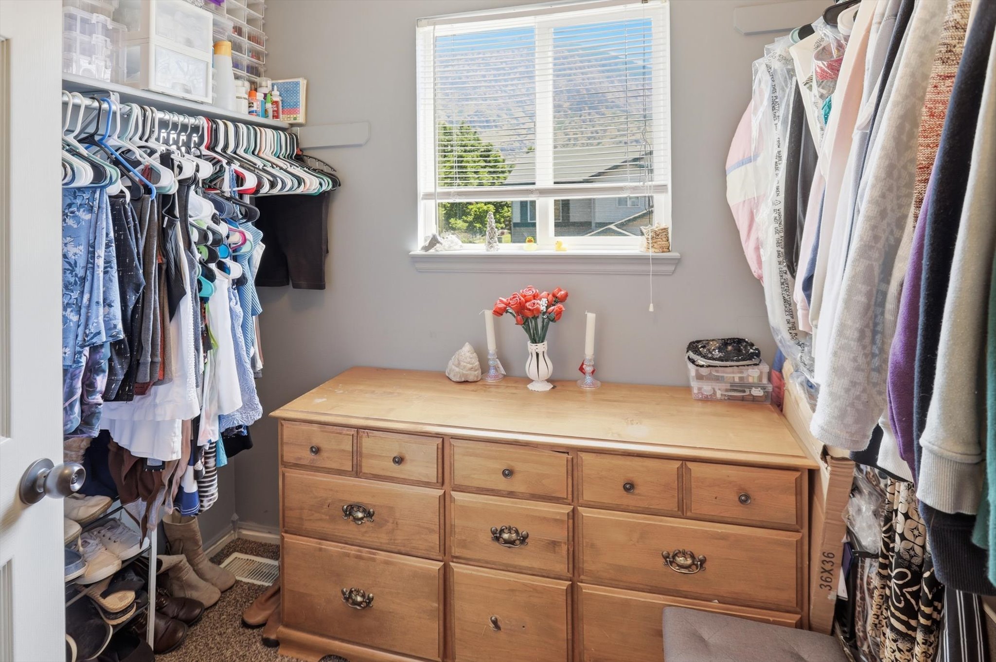 Walk-in closet featuring a built-in window, overhead shelving, clothes rods, and carpeting