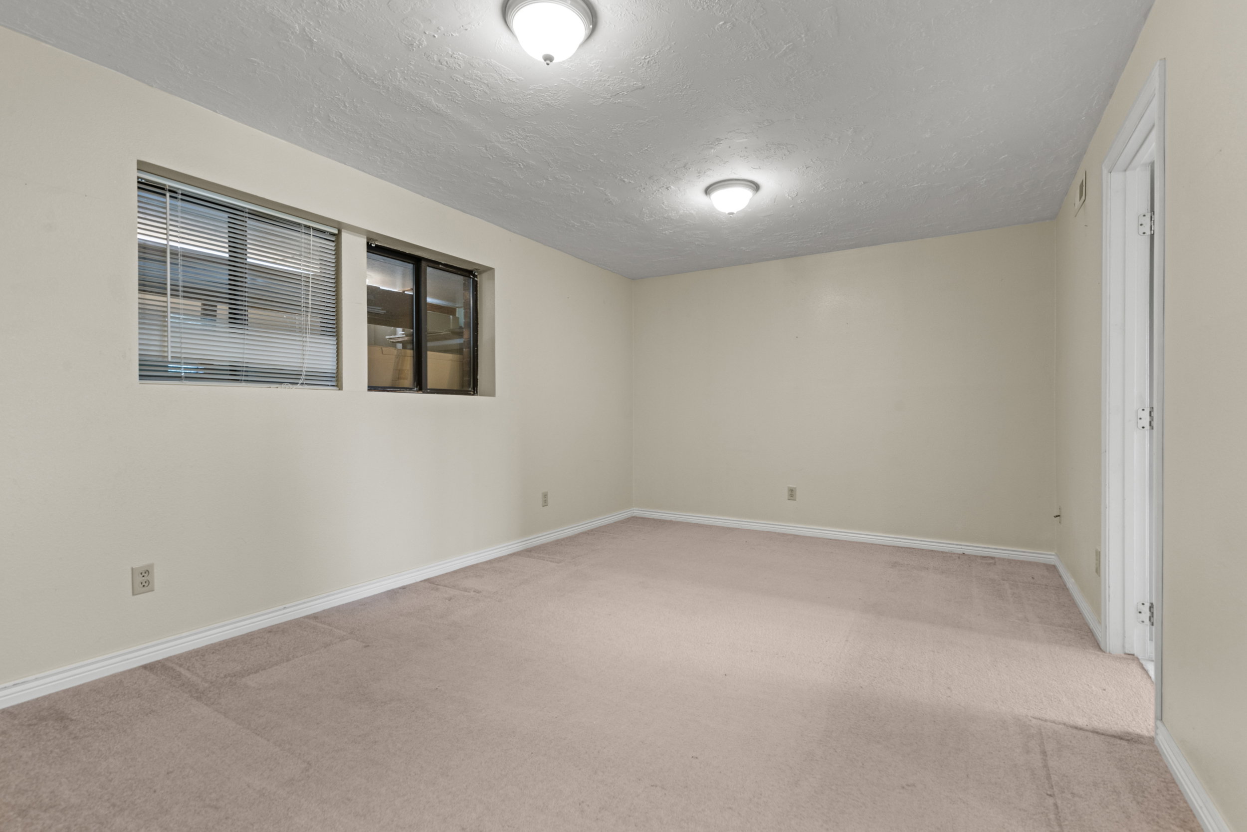 Carpeted room with neutral-toned walls, two flush-mount ceiling lights, two windows with horizontal blinds, and white baseboards