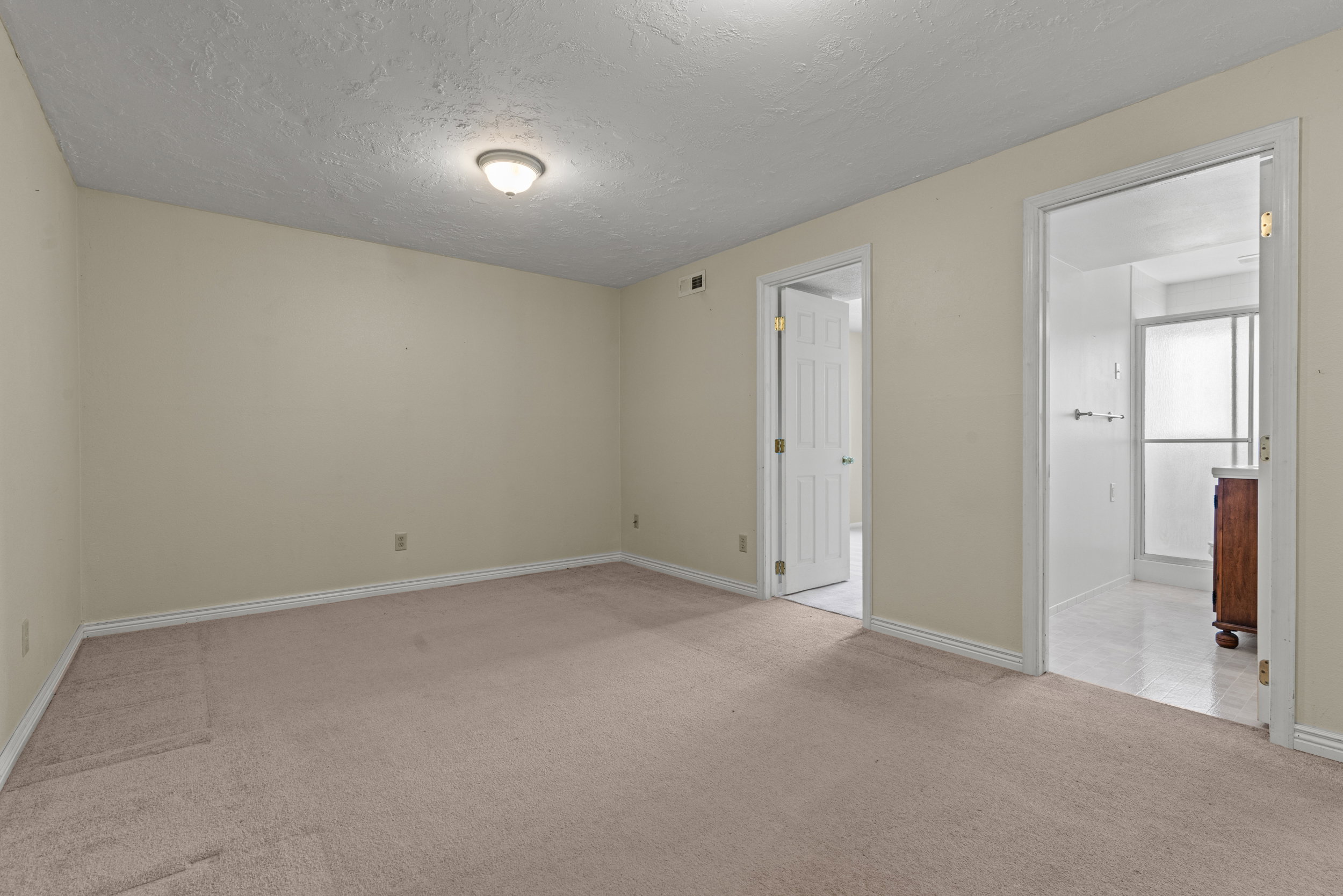 Spacious carpeted room featuring a ceiling-mounted light fixture, neutral wall finishes, white baseboards, and two doorways