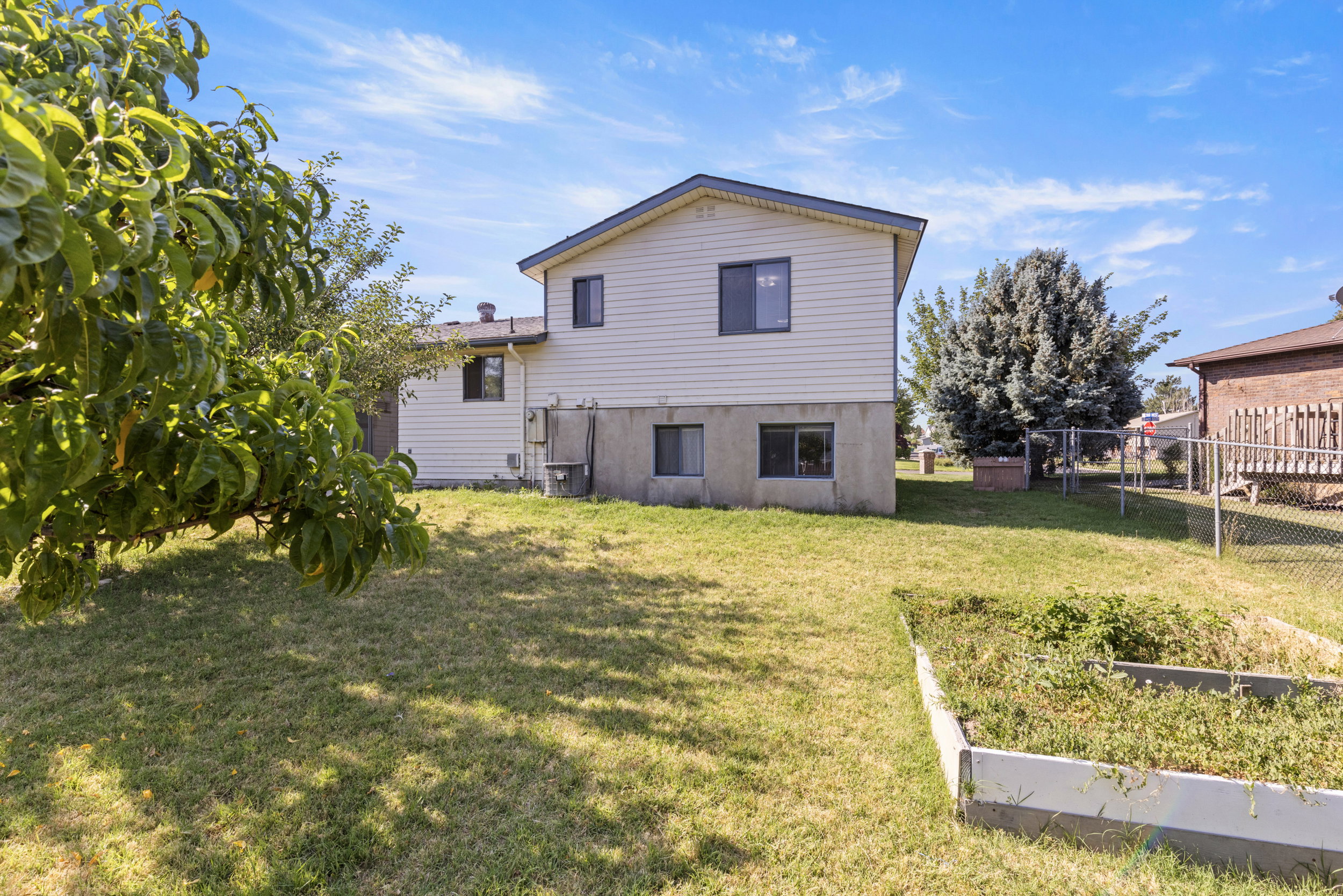 Expansive backyard featuring a manicured lawn, a raised garden bed, and a mature tree