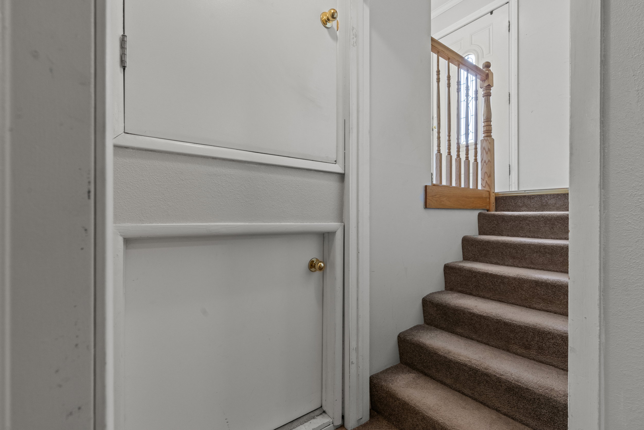 Carpeted staircase featuring a light wood handrail and balusters, with a white entry door visible at the top