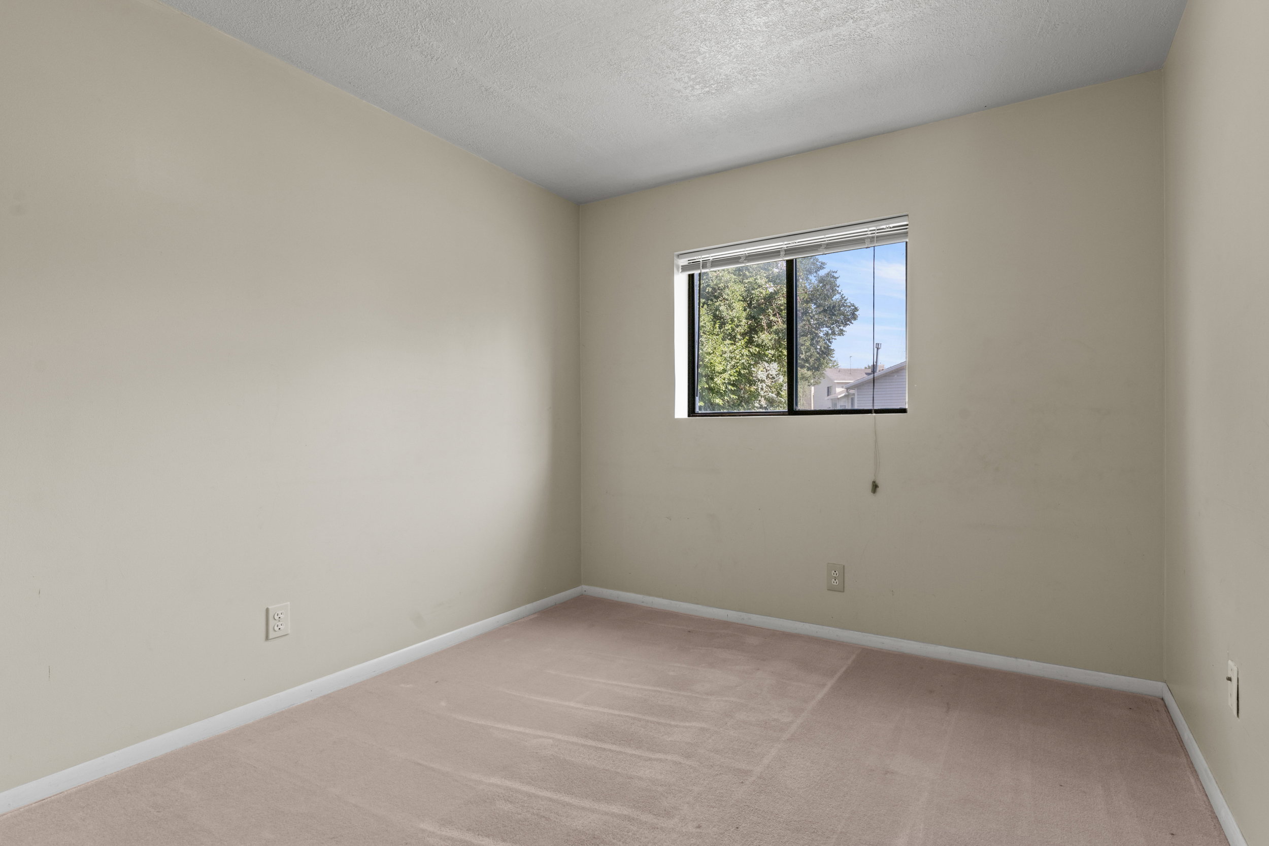 Neutral-toned walls complement the light-colored carpet flooring