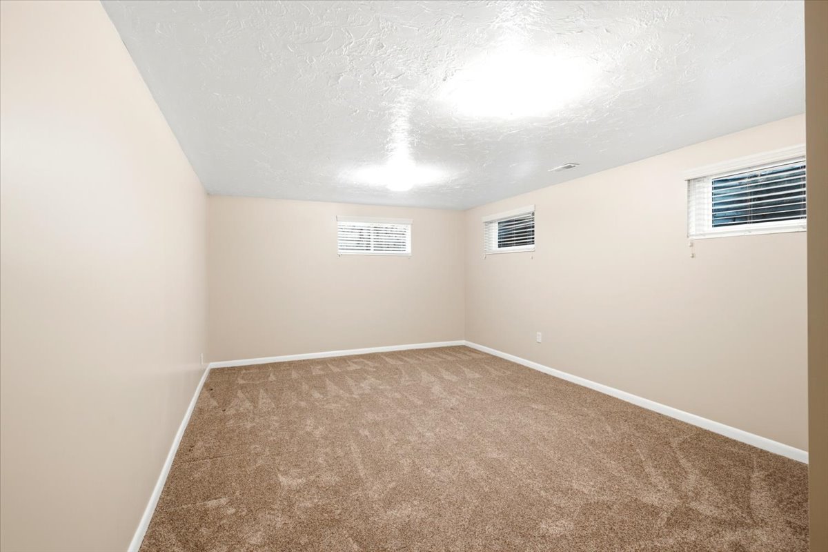 Spacious room featuring neutral-toned walls, plush carpeting, and multiple windows with blinds