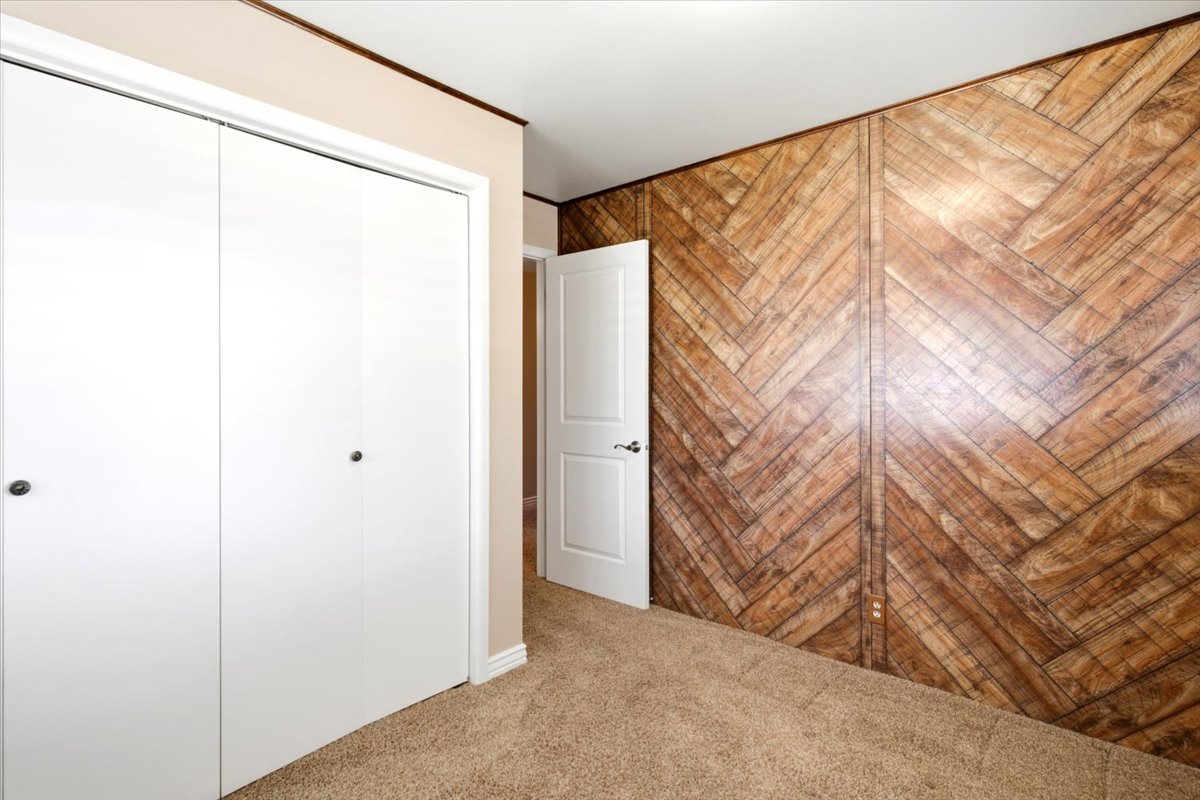 Room featuring a textured wood-look accent wall, neutral-toned carpet.