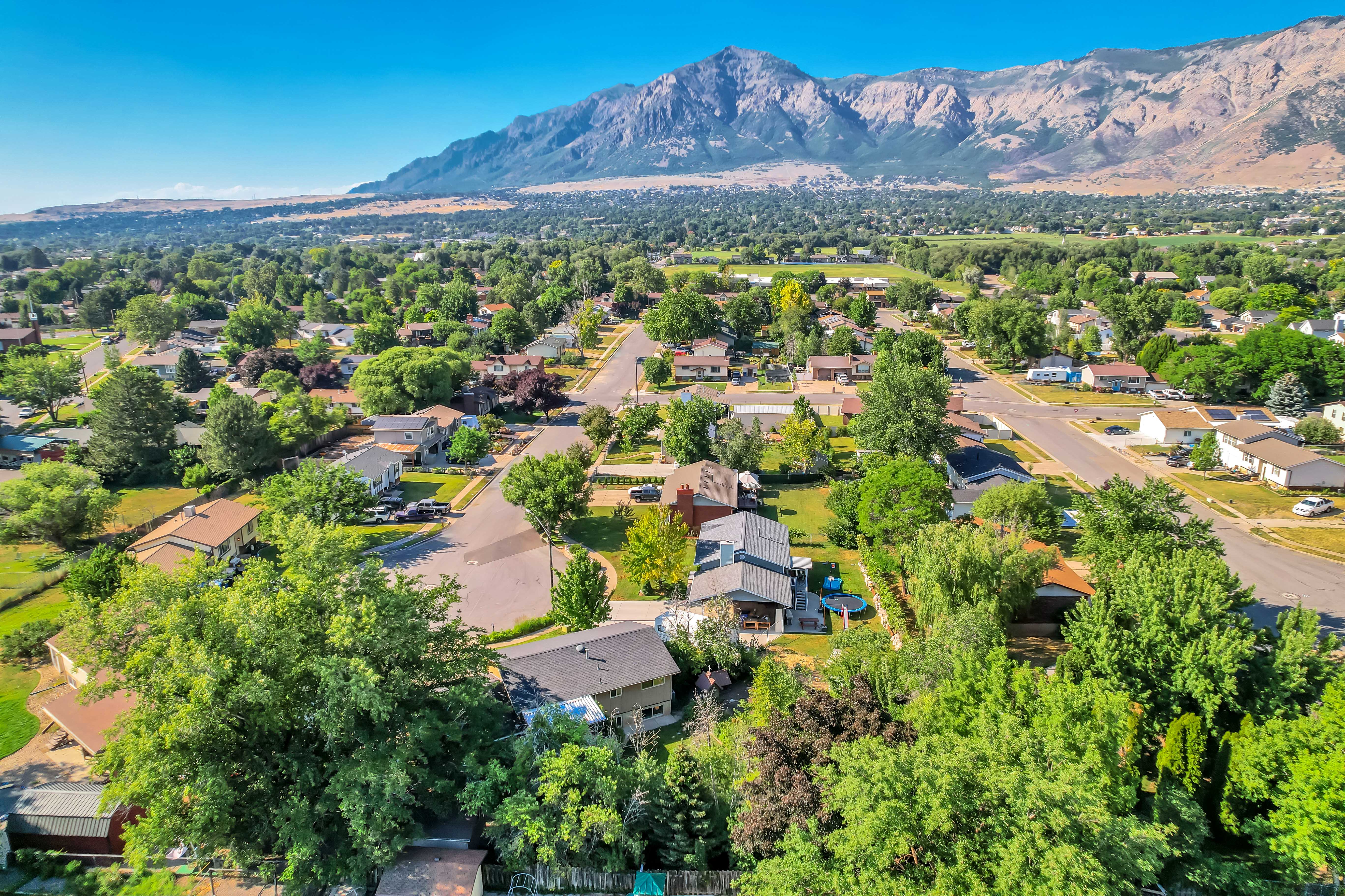 Aerial perspective showcasing a residential area with varied housing styles