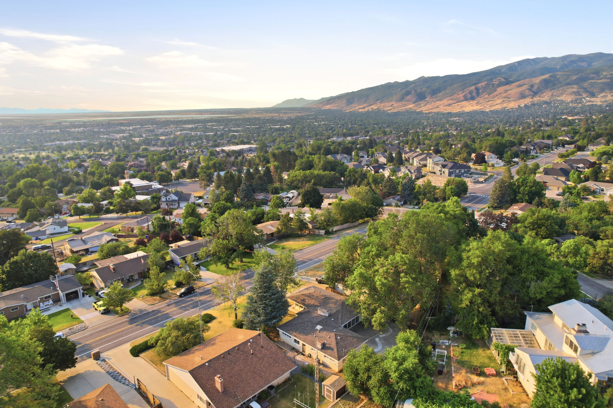 Expansive residential landscape featuring mature trees and mountain backdrops
