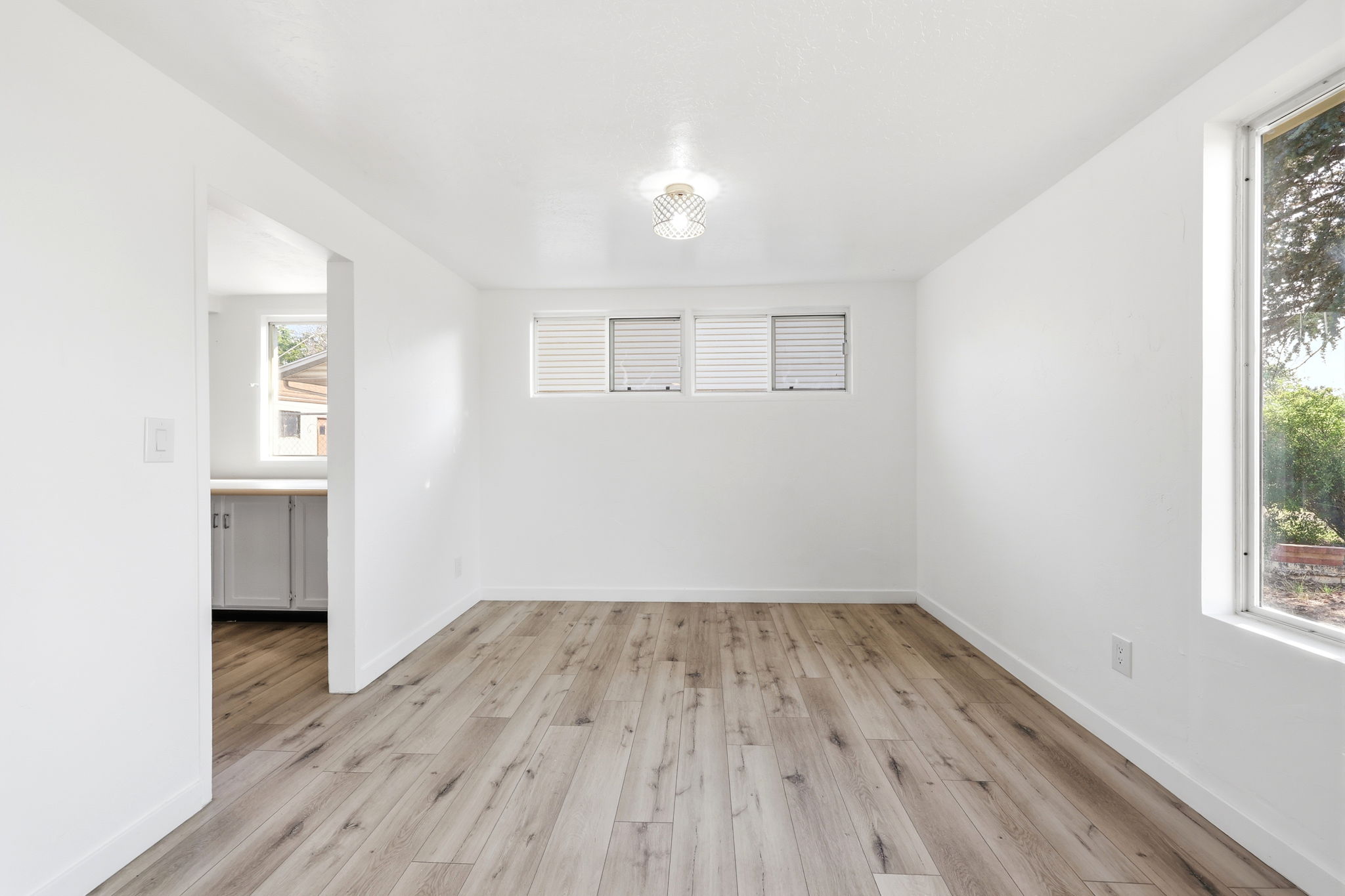 Spacious room featuring light wood-finish flooring, white walls, and a contemporary flush-mount ceiling light