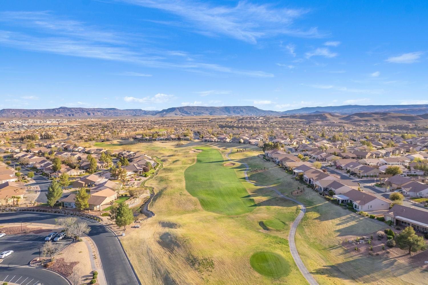 Expansive golf course community featuring numerous residential properties and a manicured green