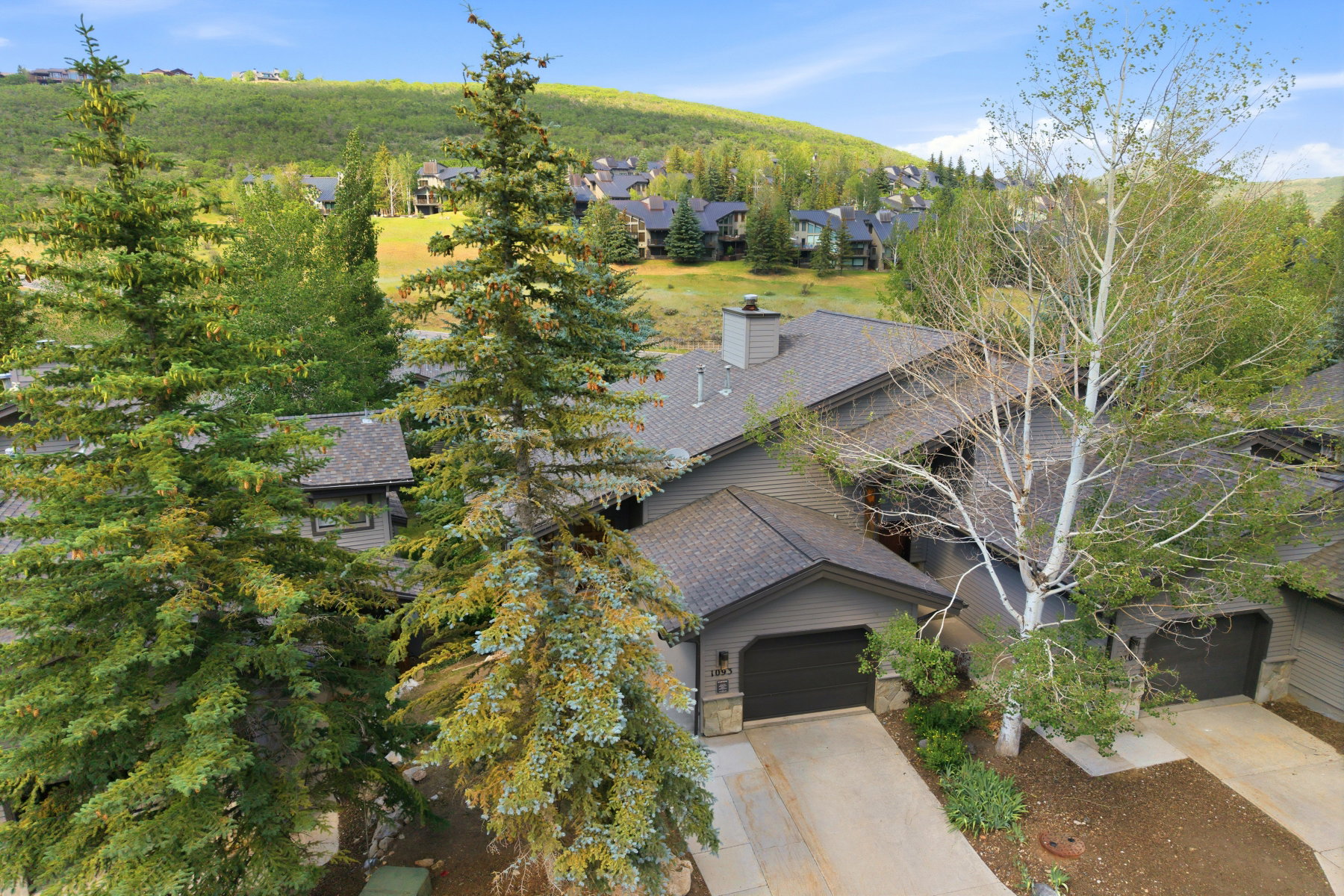 Mountain-style residence featuring a dark gray facade, multi-gabled roofline, and attached two-car garage