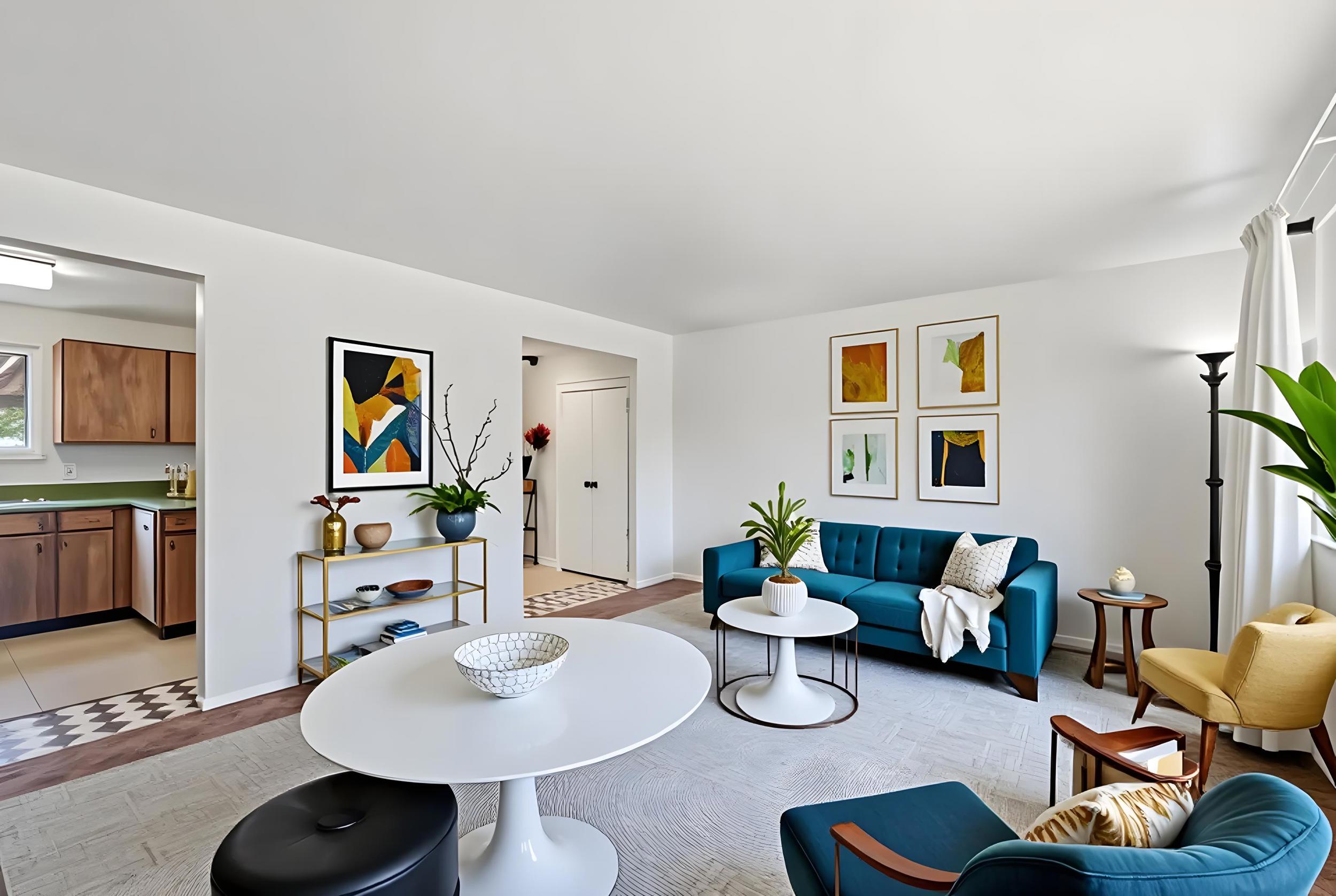 Bright living space featuring light-toned walls and wood-finish flooring