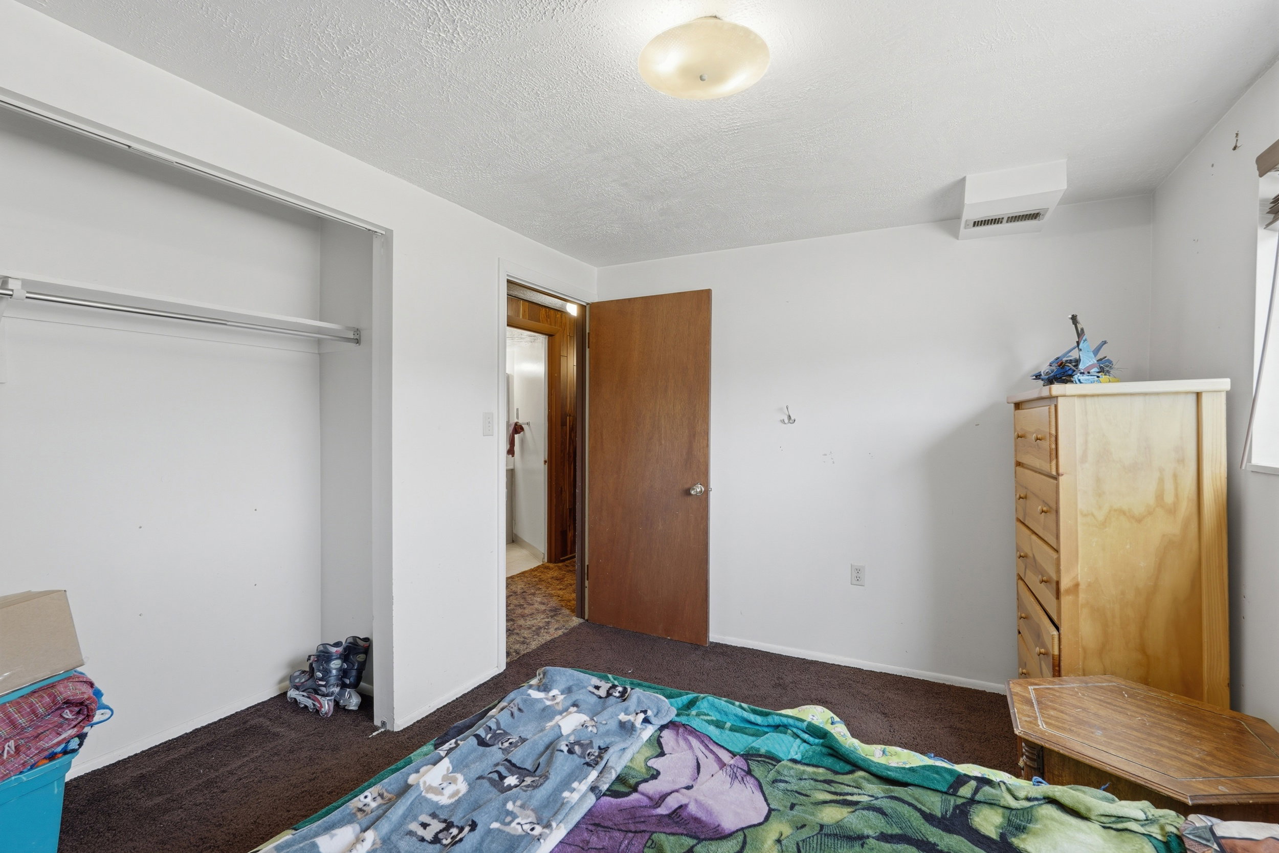 White-painted room with brown carpet flooring