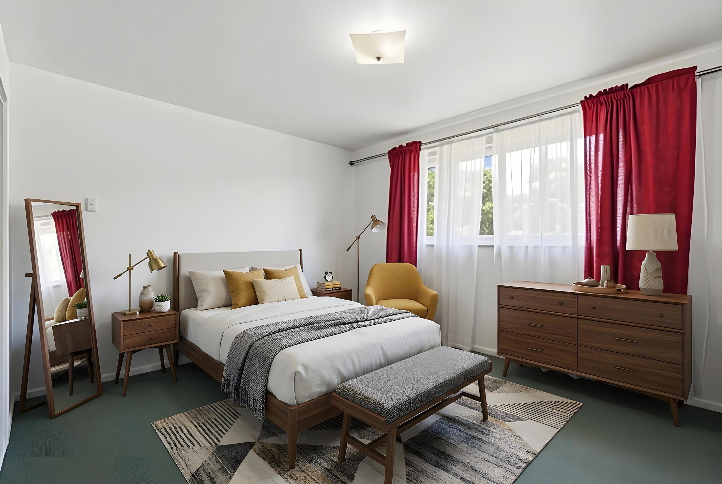 Bedroom 1 featuring a large window, neutral wall paint, and a ceiling-mounted light fixture