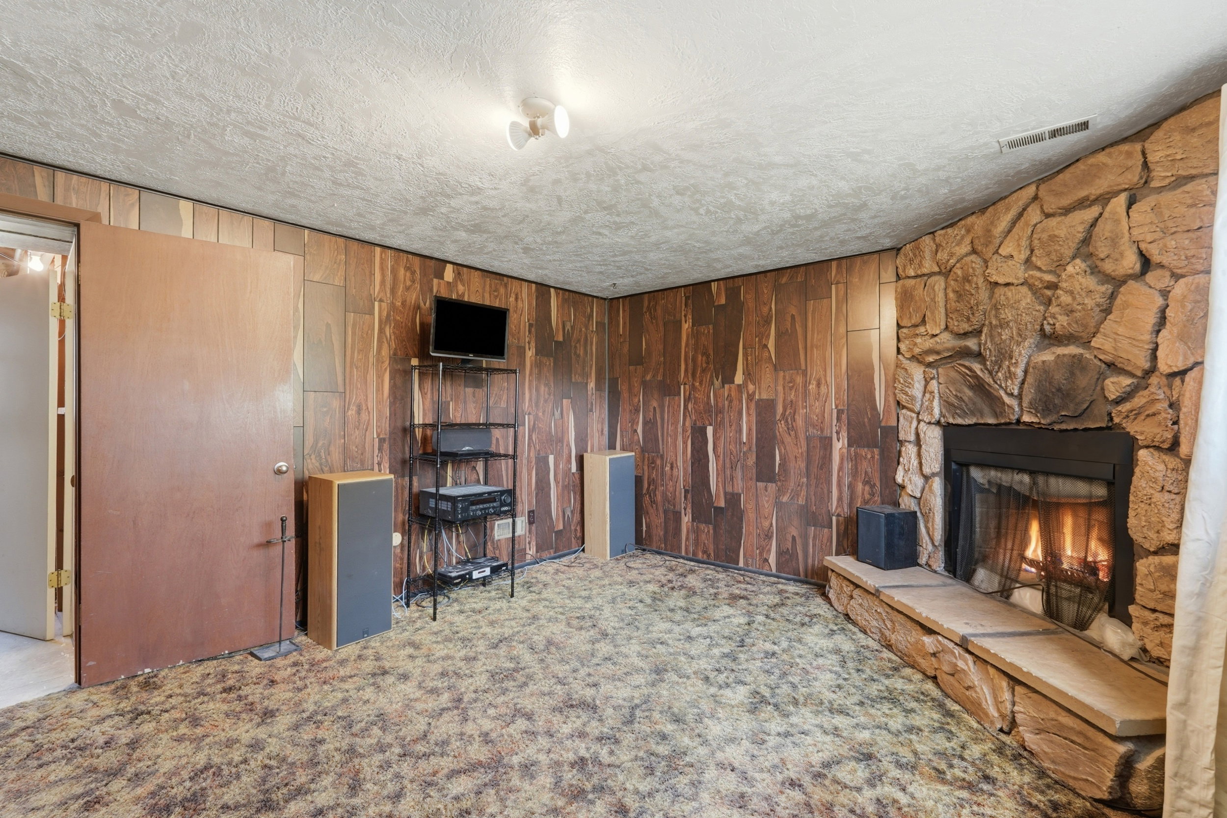 Stone-clad fireplace with hearth, complemented by wood-paneled walls and textured carpeting
