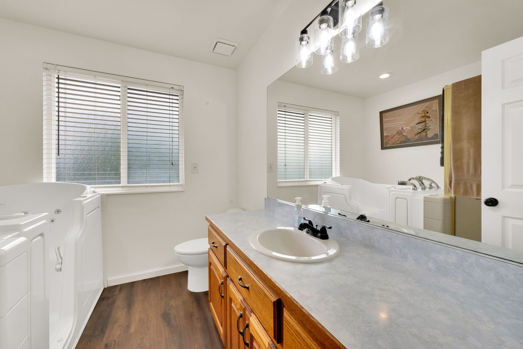 Bathroom with wood-finish flooring, a white vanity with wood cabinetry and a light-colored countertop, and a built-in white walk-in tub