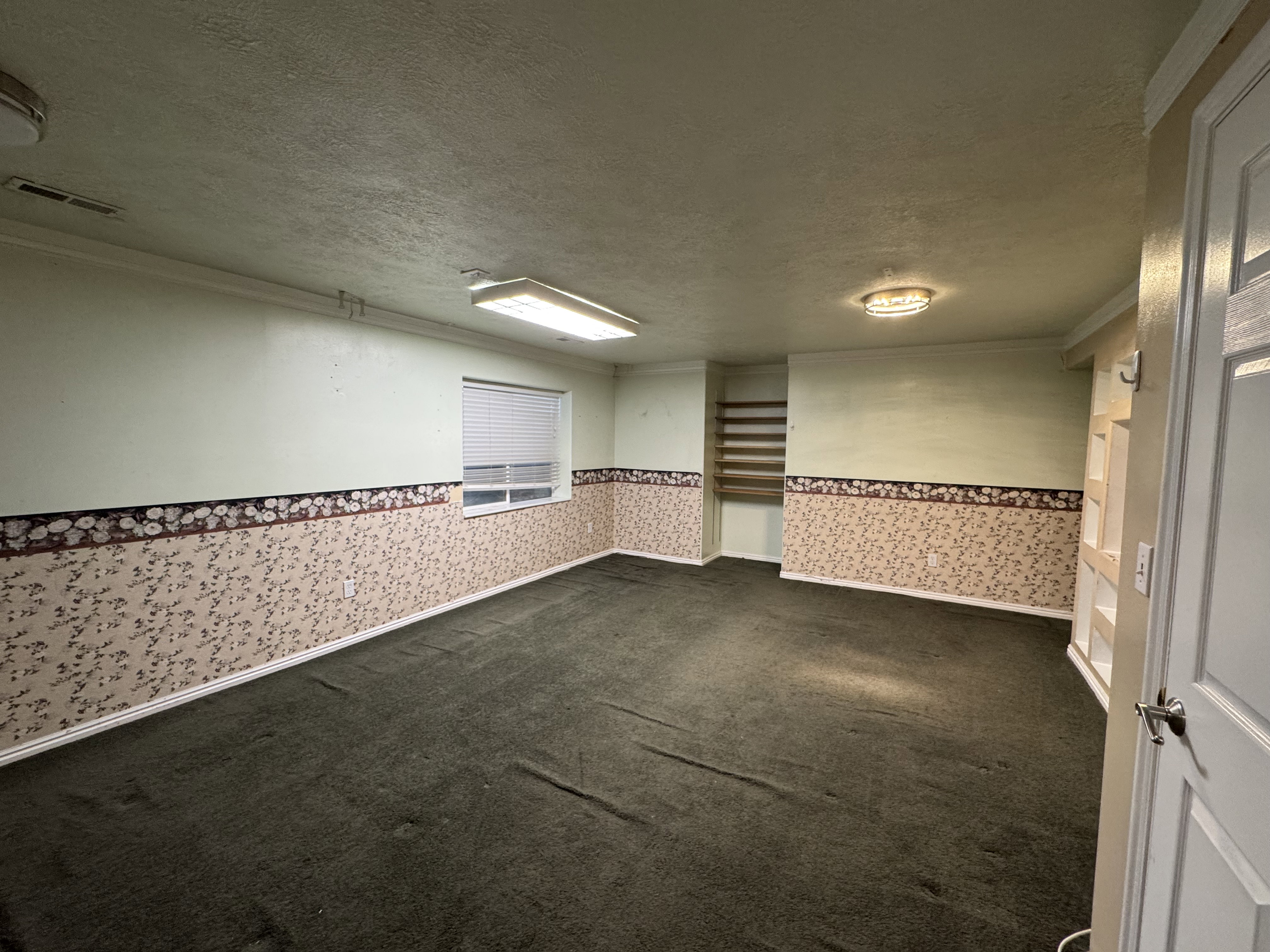 Spacious interior room featuring dark green carpeting, a window with horizontal blinds, built-in shelving, and a combination of painted walls and decorative wallpaper