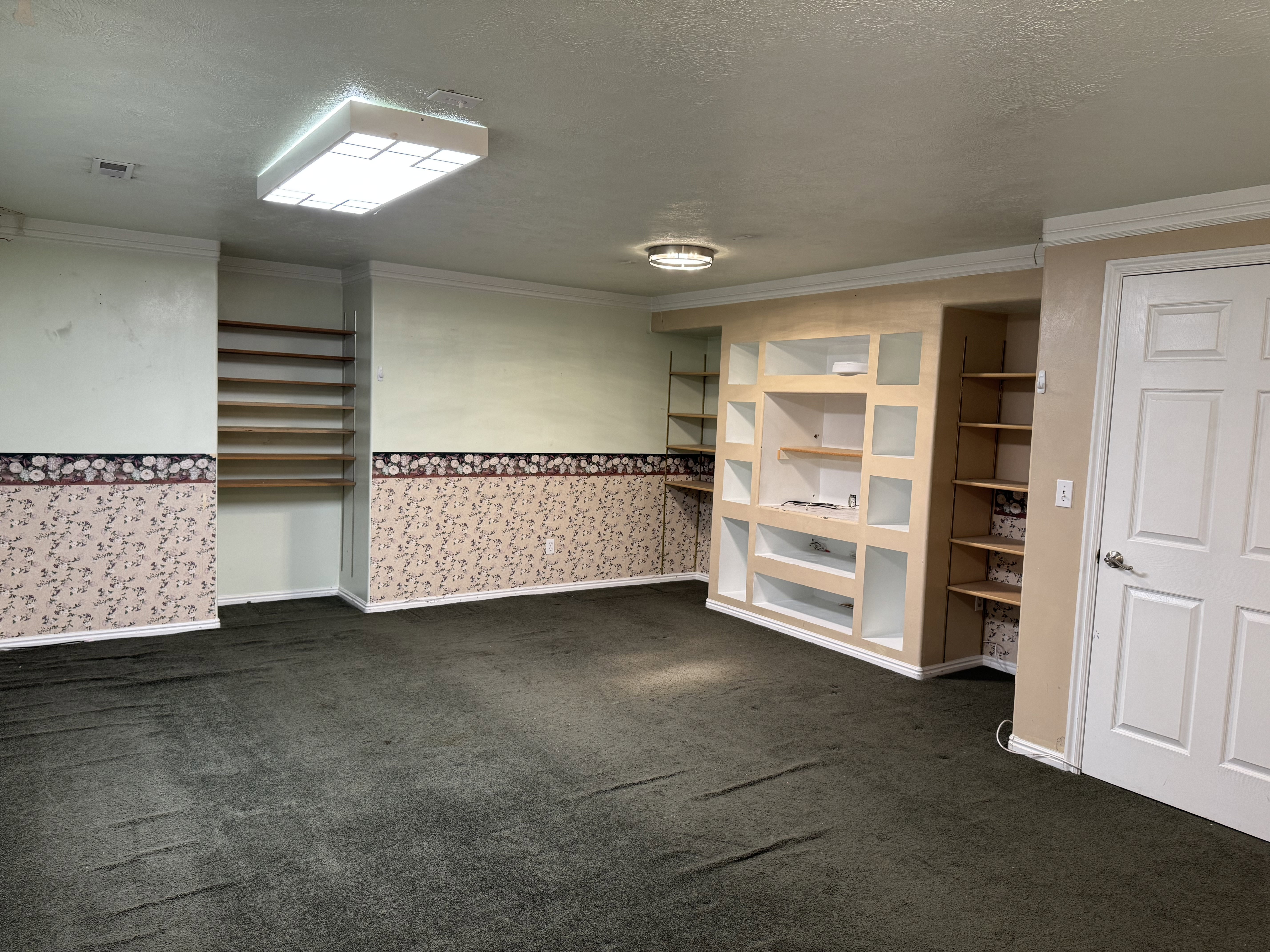 Carpeted room featuring extensive built-in shelving, a built-in entertainment center, and a flush-mount overhead light fixture