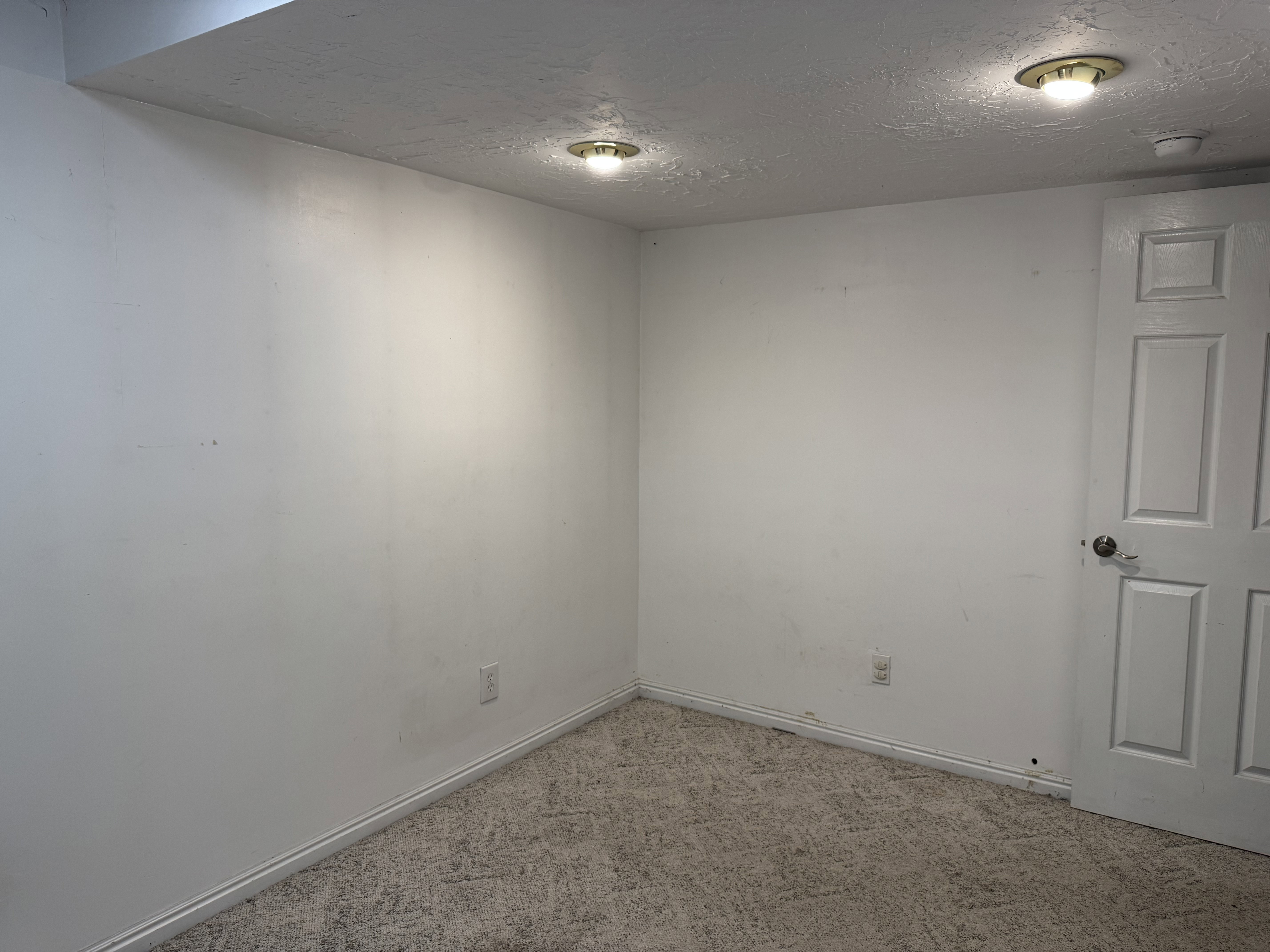 White painted walls with recessed lighting and a paneled door