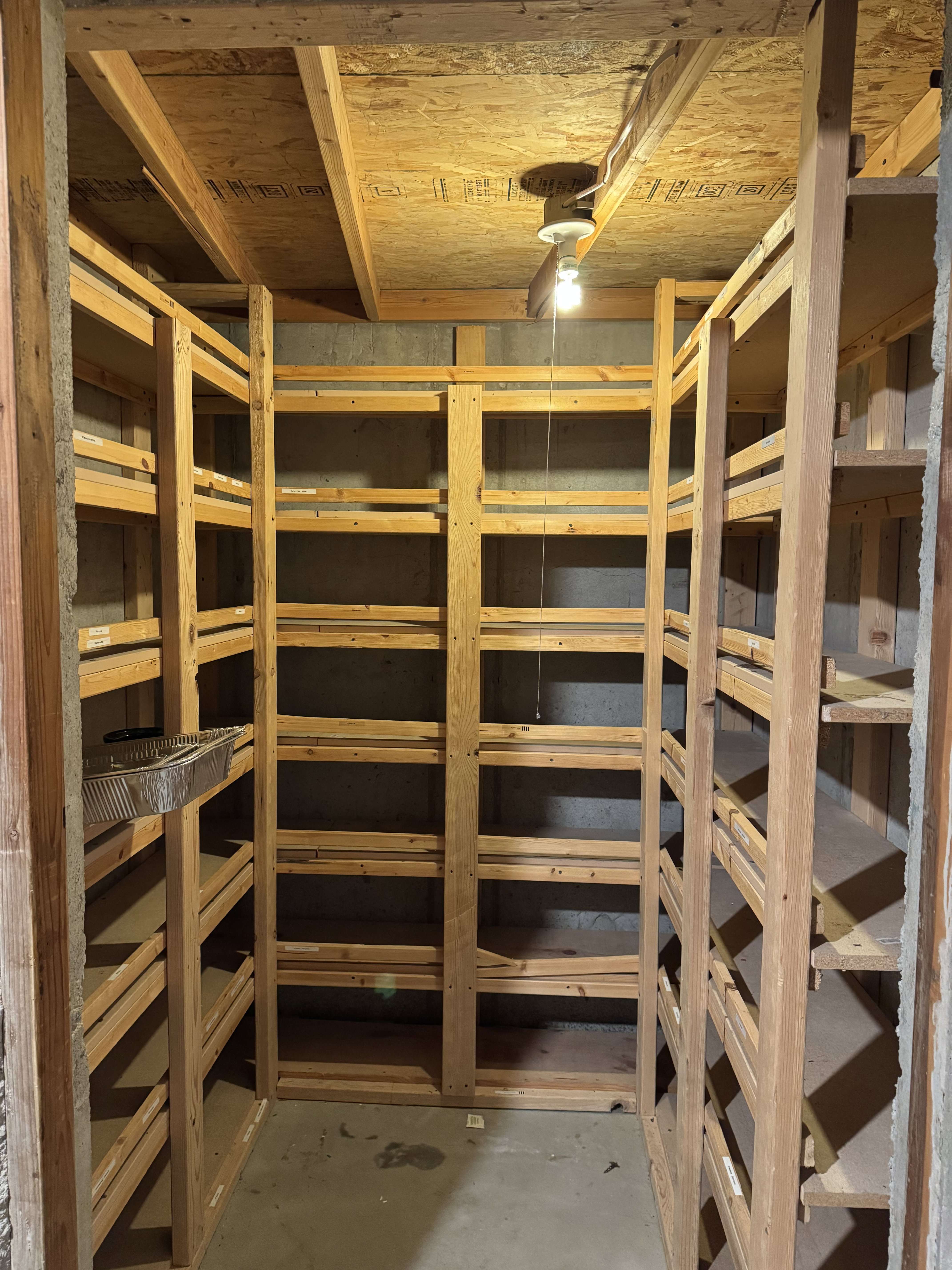 Wood-framed shelving units lining concrete walls with a concrete floor and exposed wood ceiling joists
