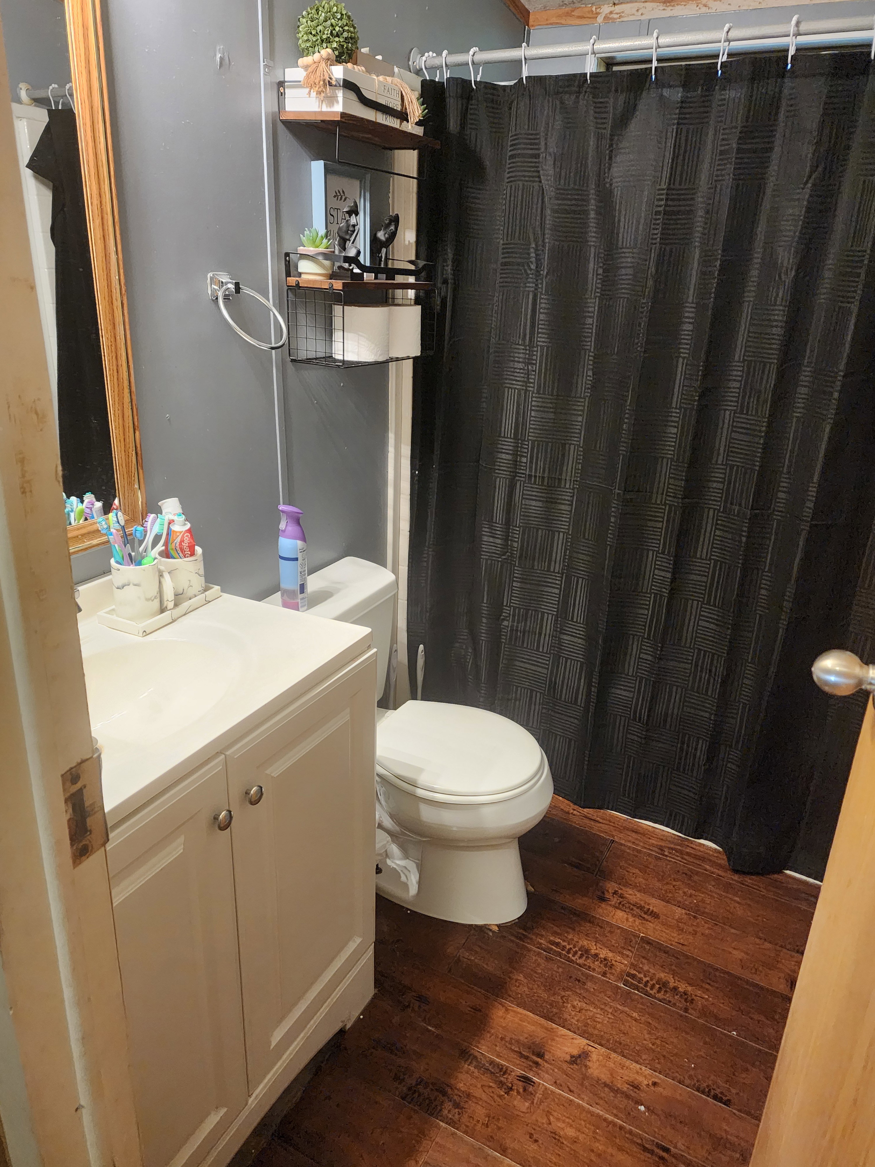 Bathroom featuring wood-finish flooring, a white vanity with cabinet storage, and a white toilet