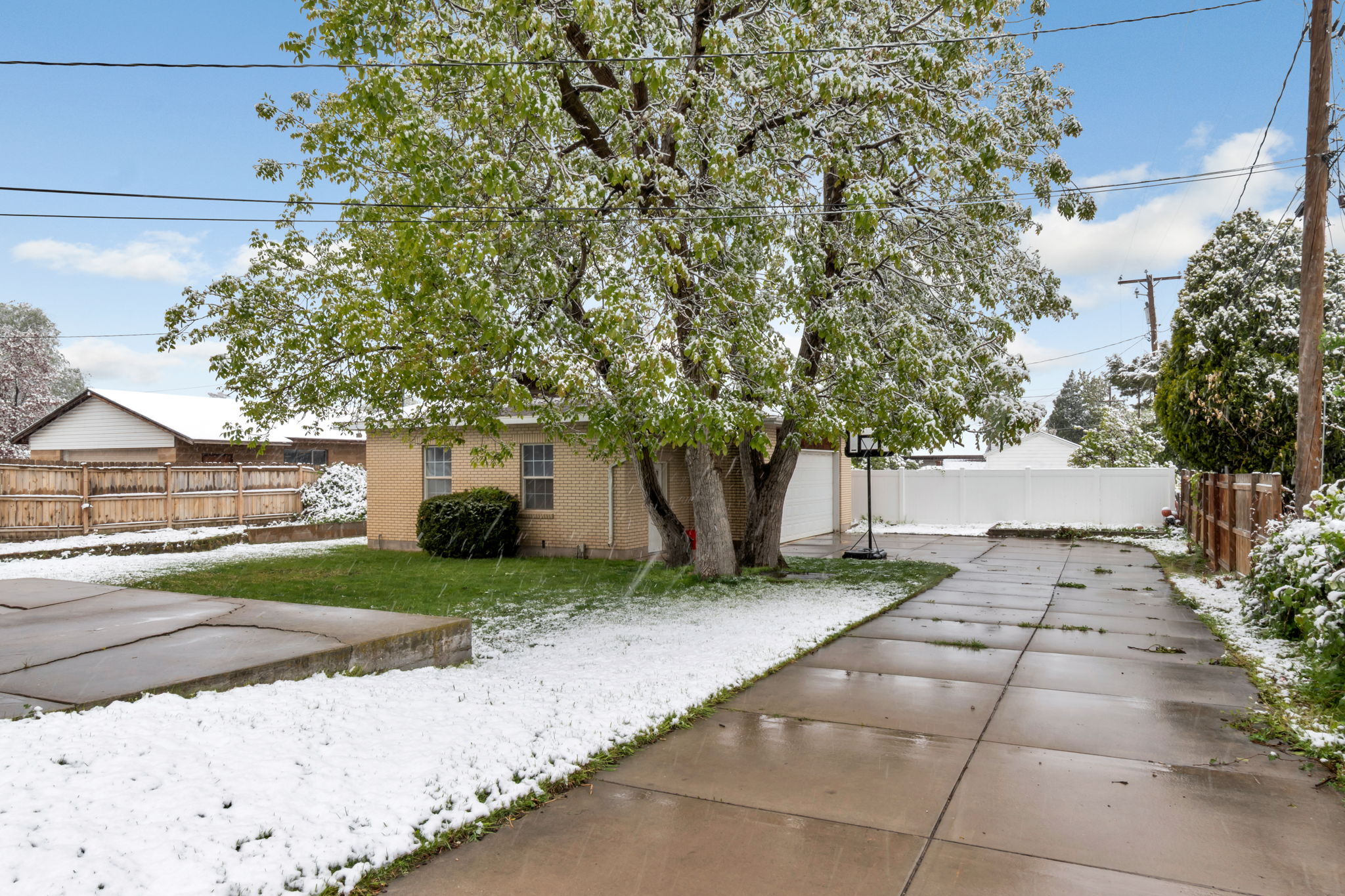 Expansive concrete driveway and patio areas, complemented by a manicured lawn and established trees
