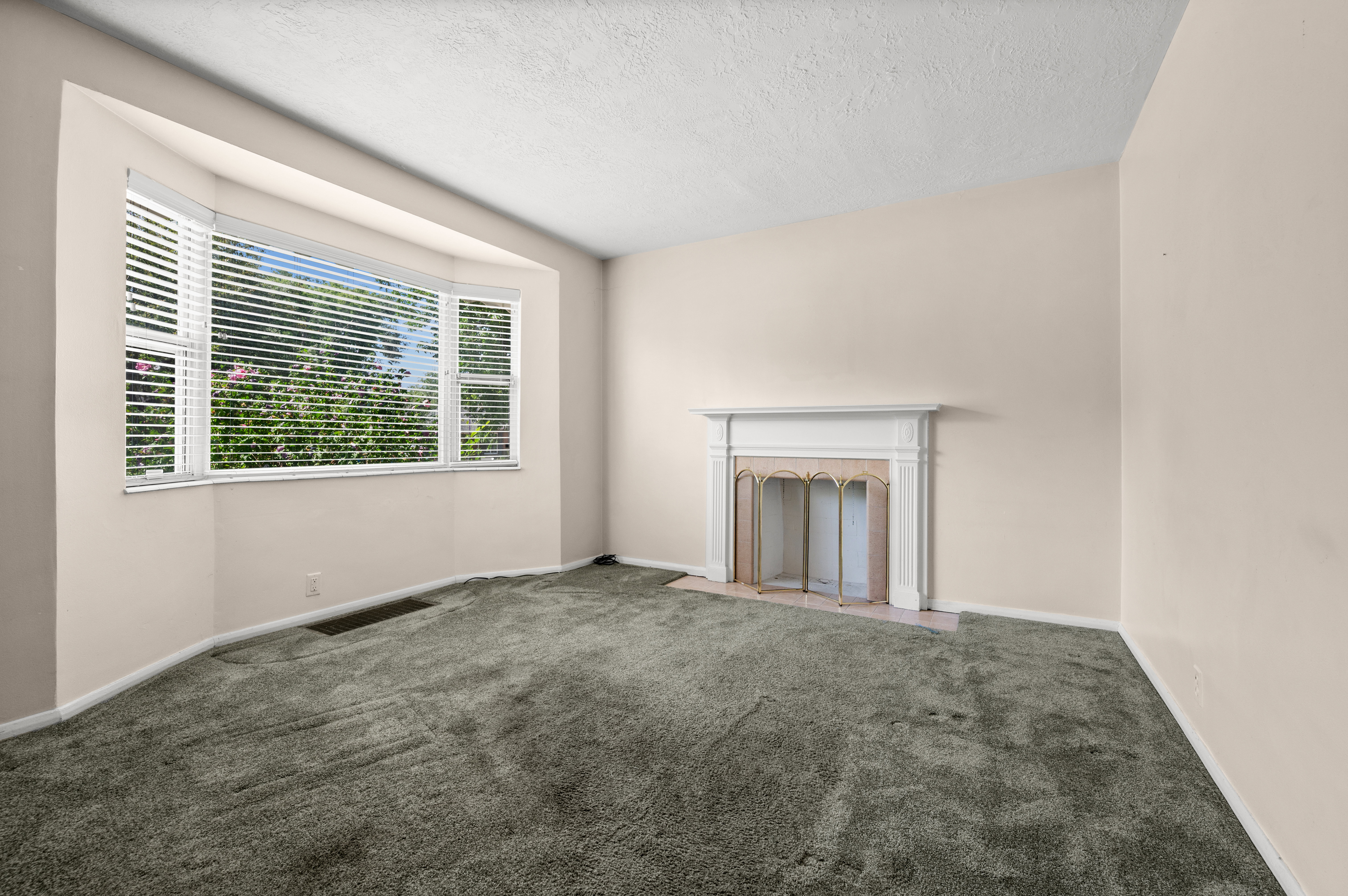 Living area featuring a bay window with horizontal blinds, a decorative fireplace with a white mantel, and a green carpeted floor