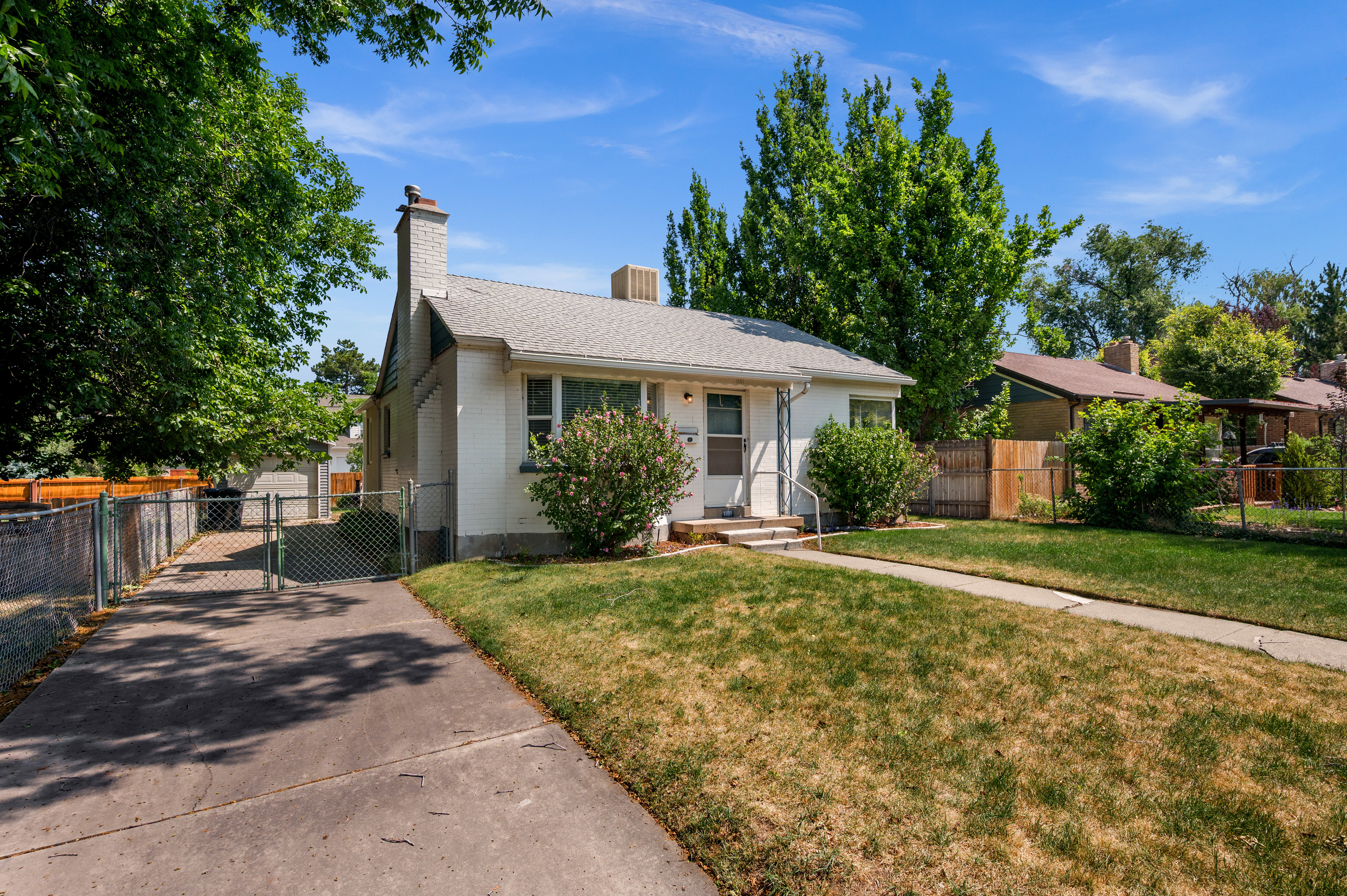 White exterior residence featuring a front yard with a concrete walkway, mature tree, and established shrubs