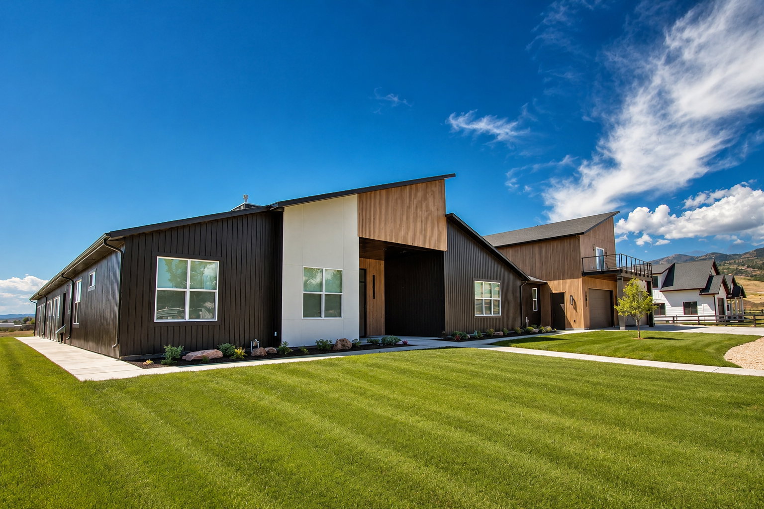 Contemporary architectural design featuring dark vertical siding, light-toned accent panels, and natural wood-finish detailing