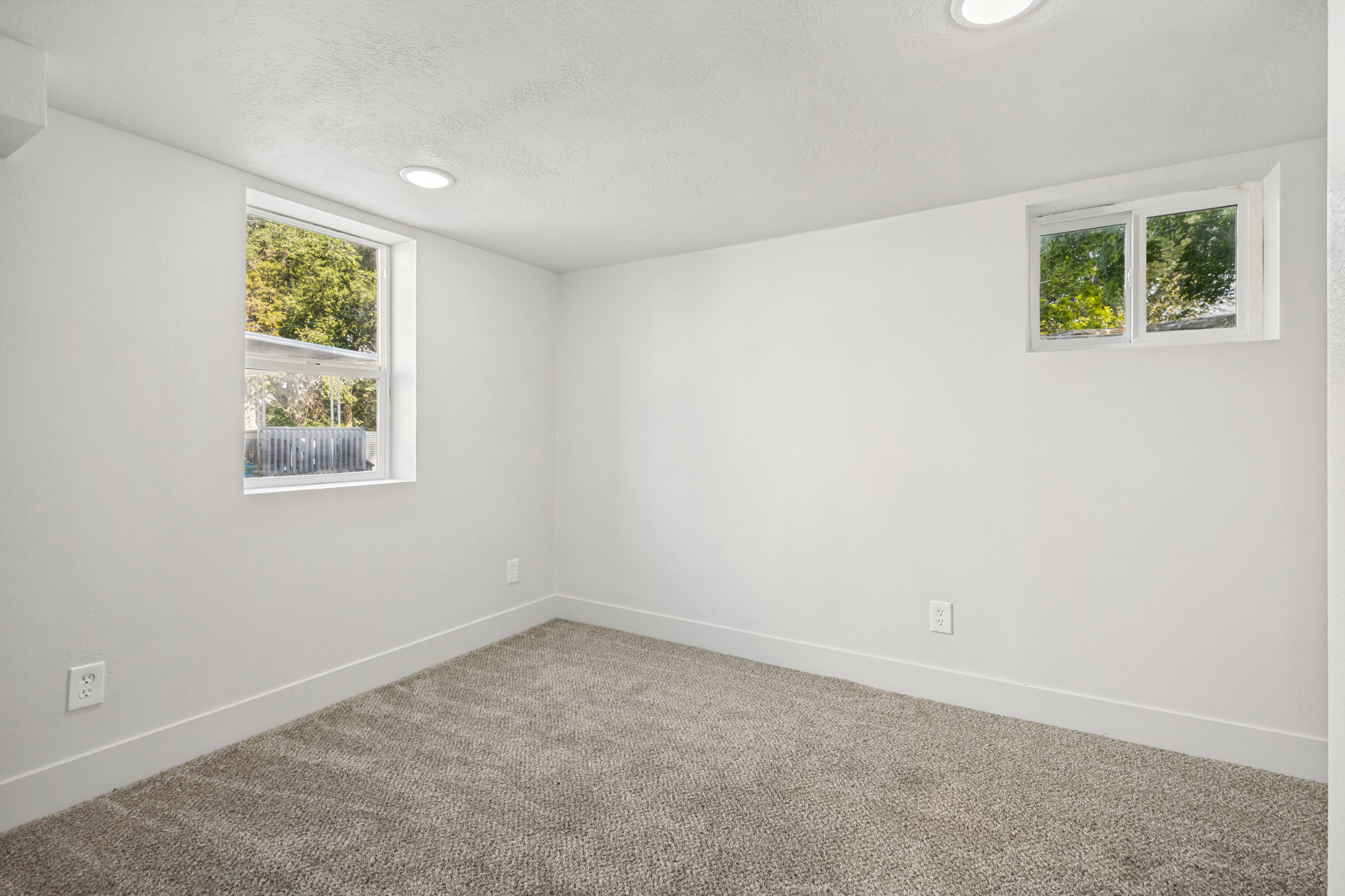 Bright room featuring two windows, neutral carpeting, recessed lighting, and white baseboards