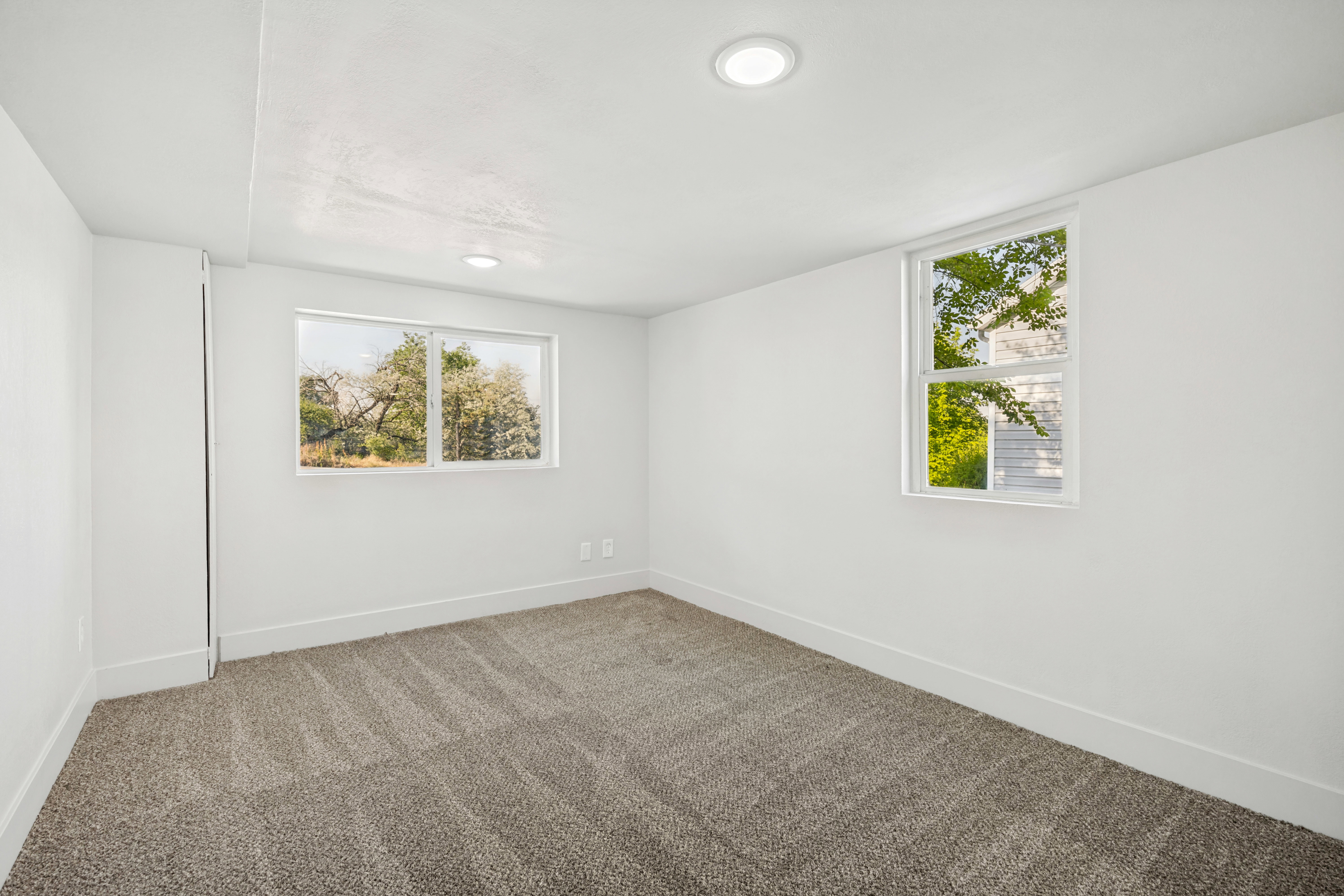 Spacious room featuring neutral carpeting, recessed ceiling lighting, and two windows providing natural light