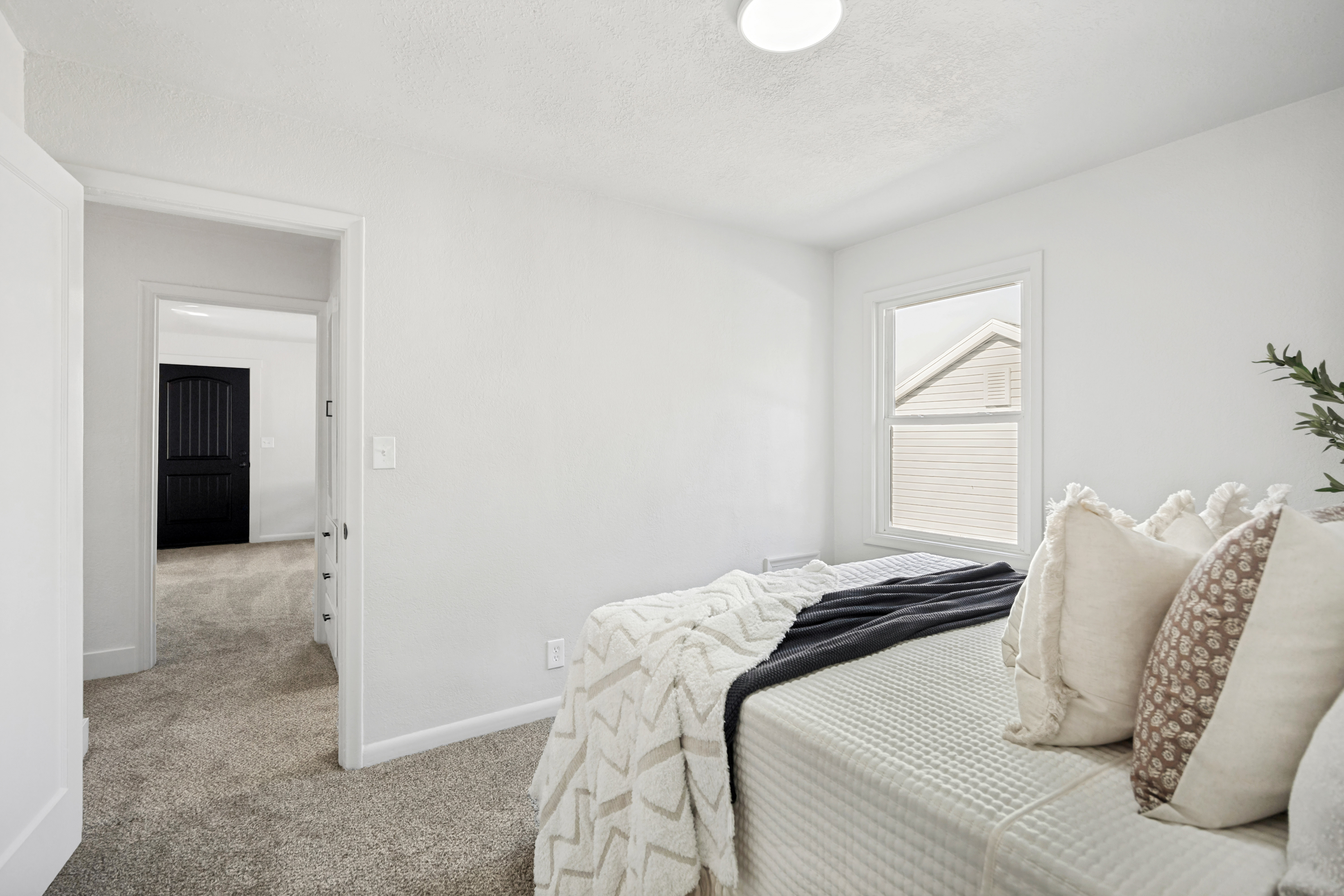 Carpeted room featuring white walls and trim, a single window, and a flush-mount ceiling light