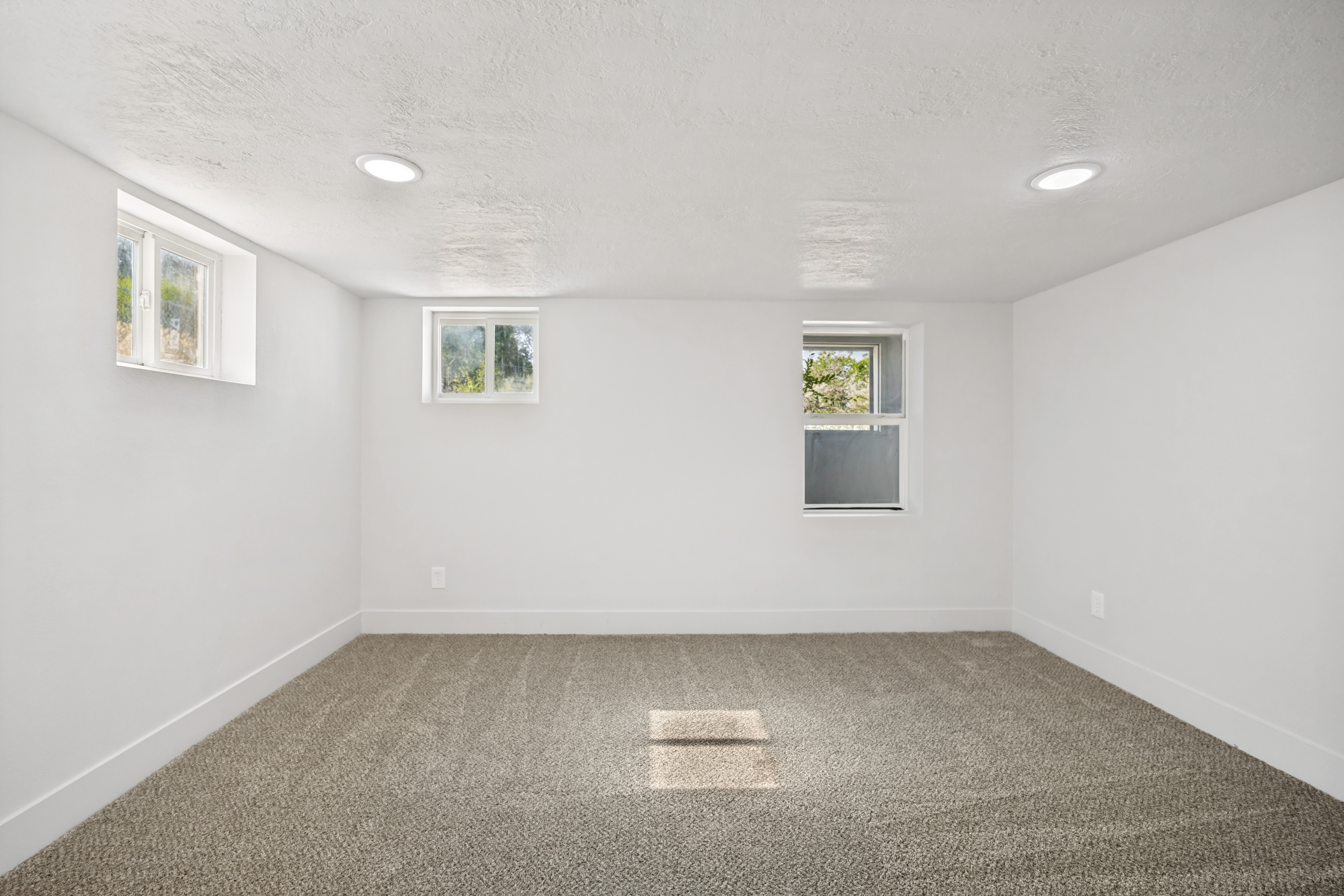 Spacious room featuring neutral carpeting, white walls, recessed ceiling lighting, and multiple windows