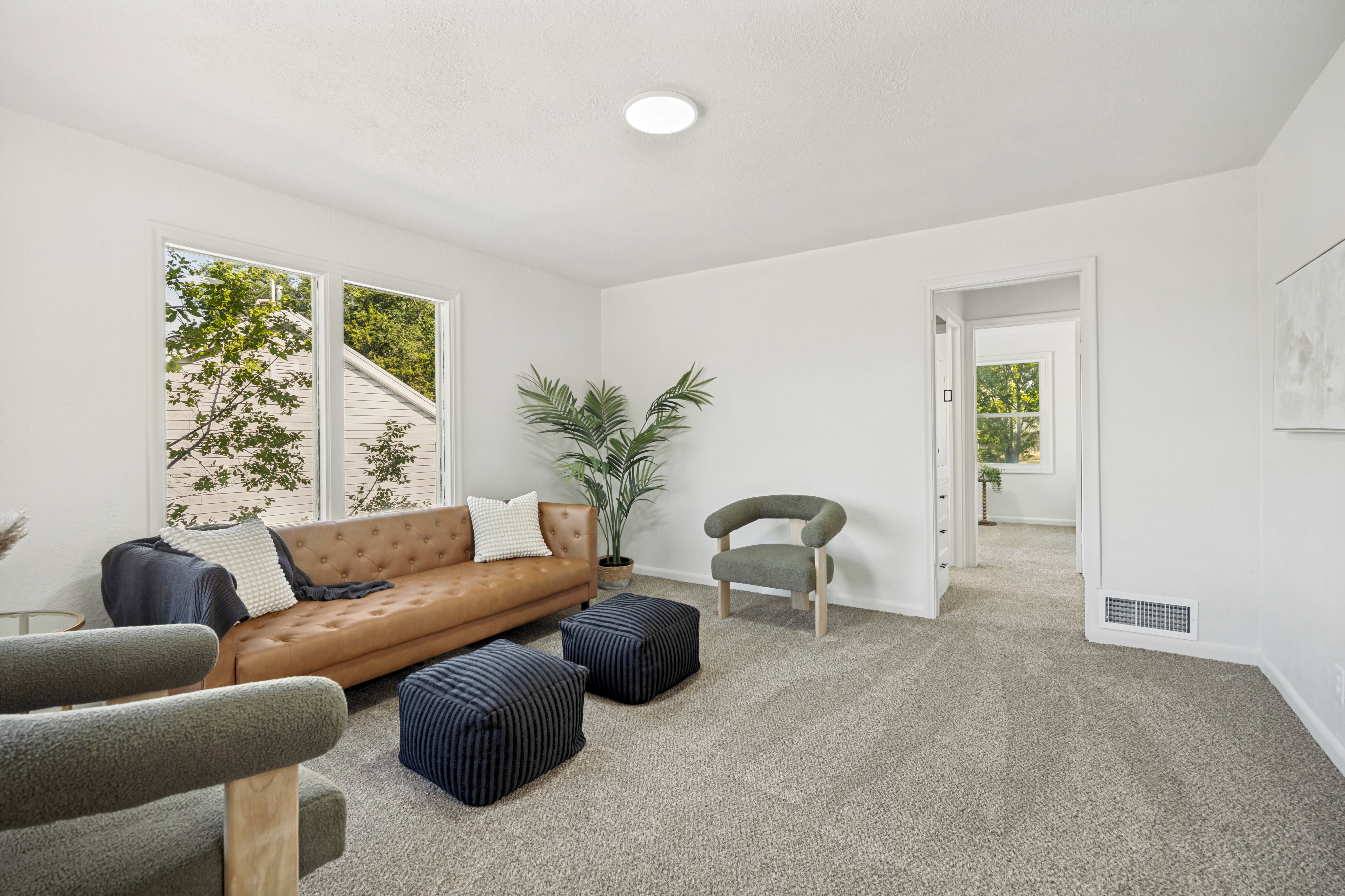Bright living space featuring neutral-toned carpet, white walls, and a prominent window