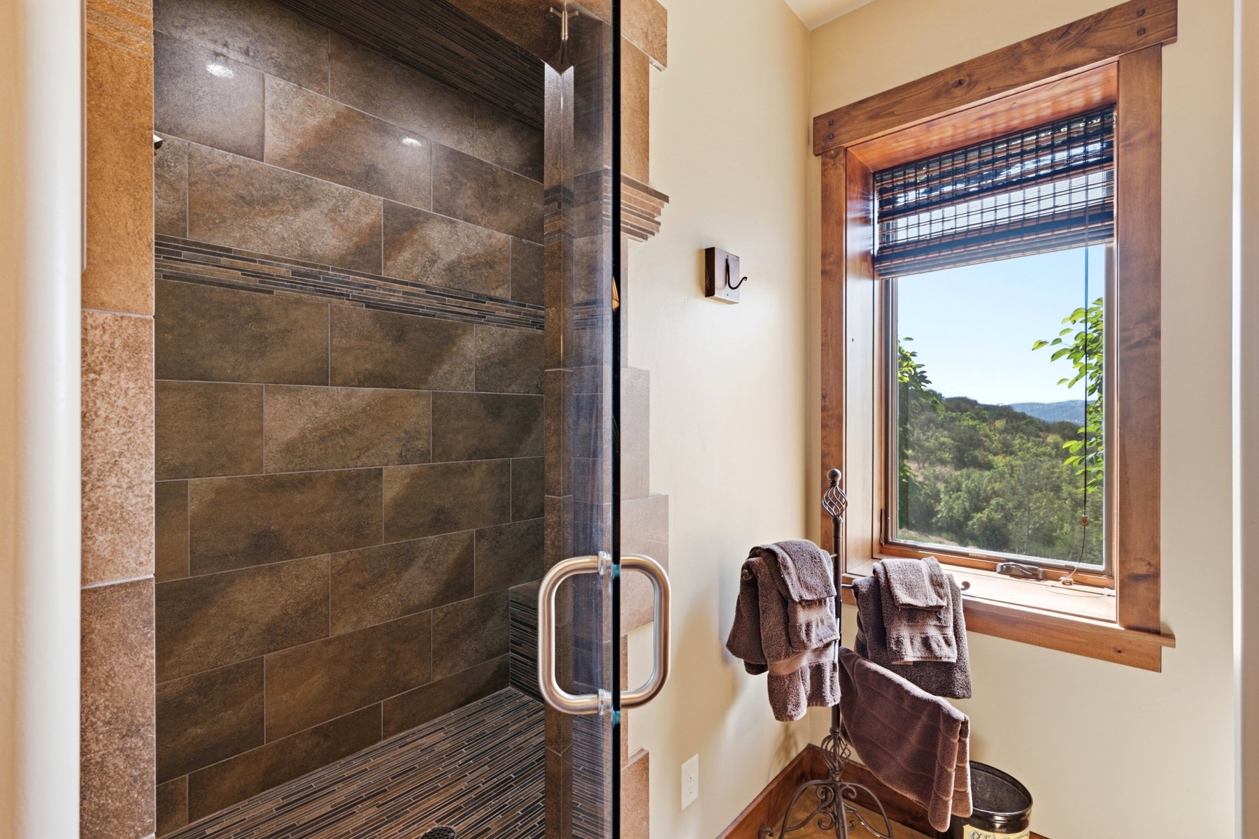 Glass-enclosed shower with tile surround and strip accent detail