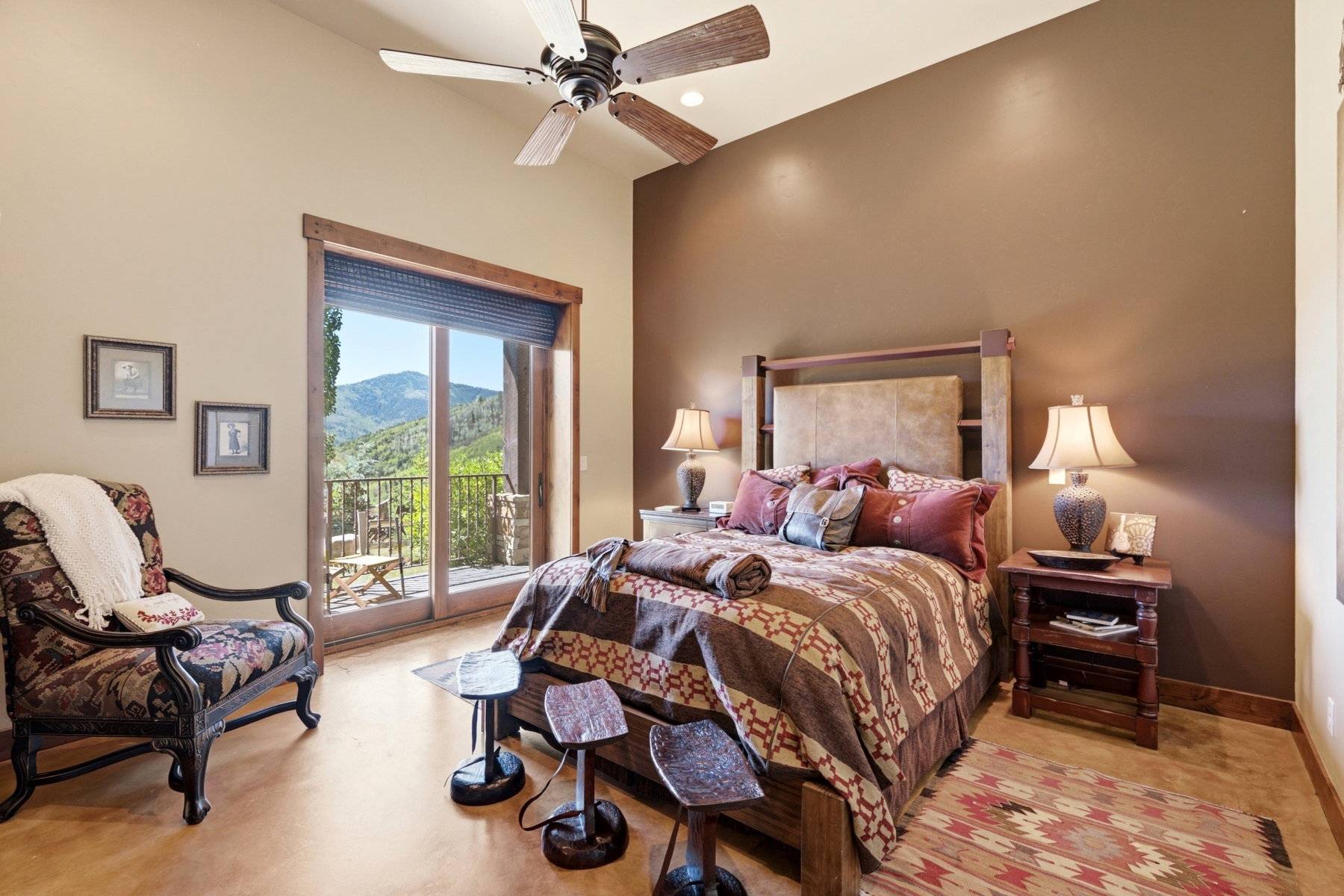 Vaulted ceiling with a wood-blade ceiling fan