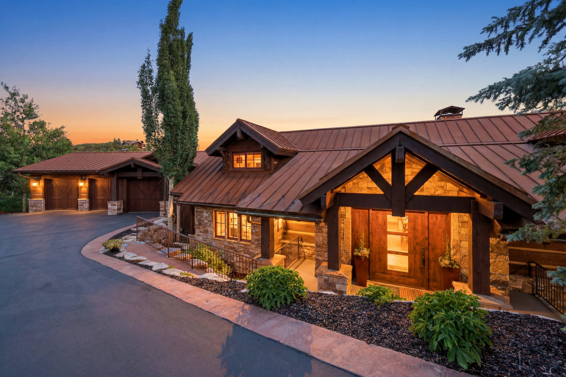 Stone and wood-beam exterior featuring a prominent covered entry with double doors