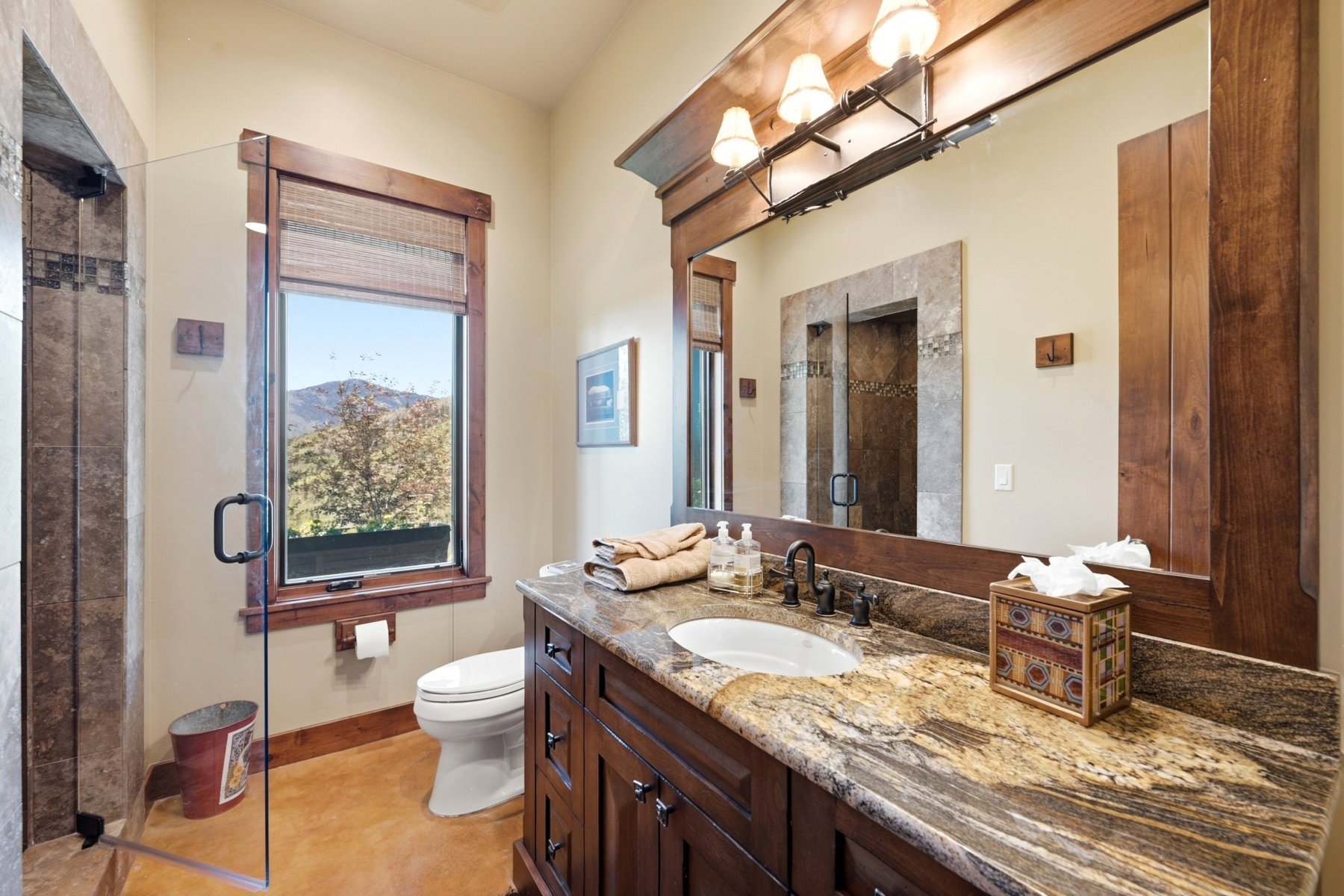 Bathroom featuring a natural stone vanity countertop with an undermount sink, dark wood-finish cabinetry, and a framed mirror